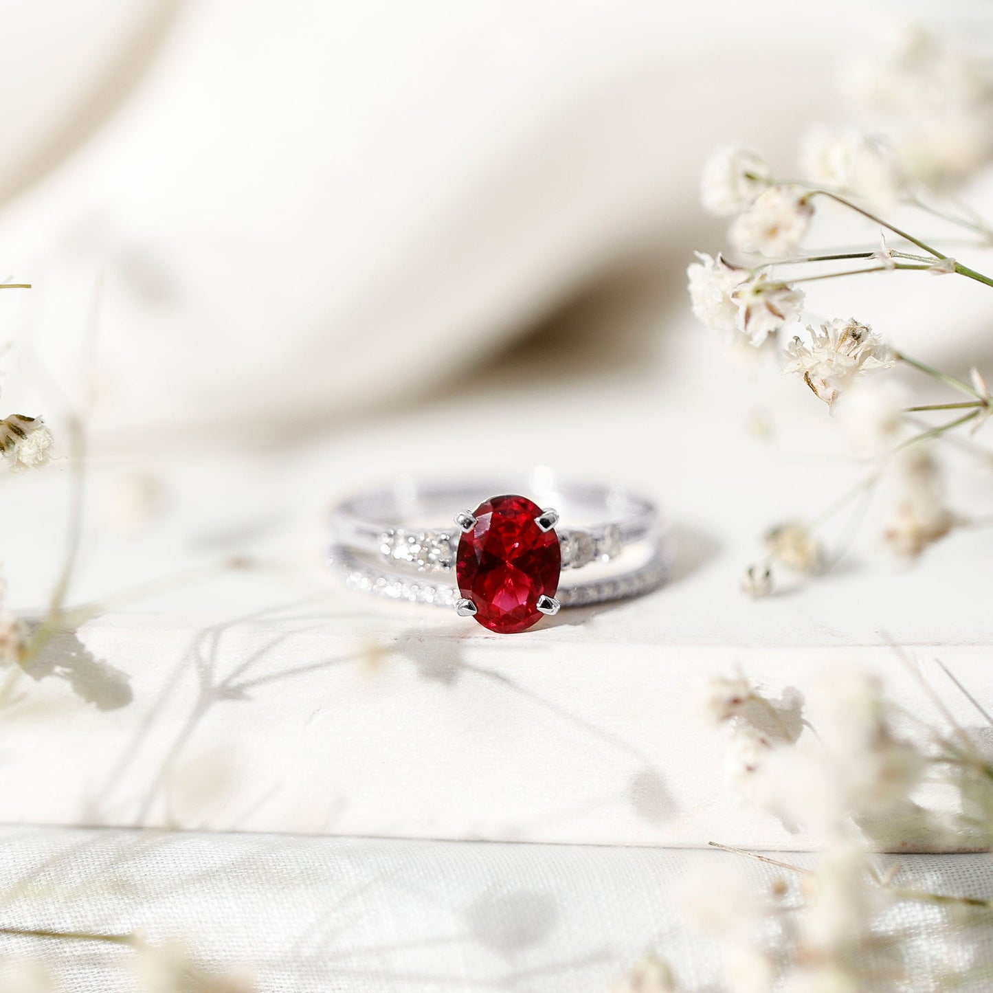 1.5 Carat Oval Lab Created Ruby Solitaire Bridal Ring Set with Diamond