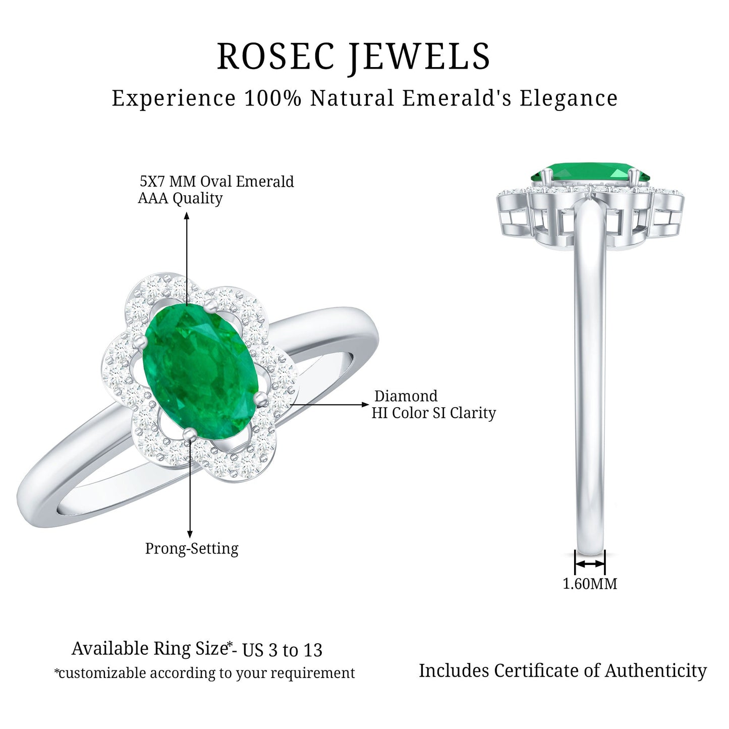 Natural 0.7 Carat Oval Emerald Engagement Ring with Diamond