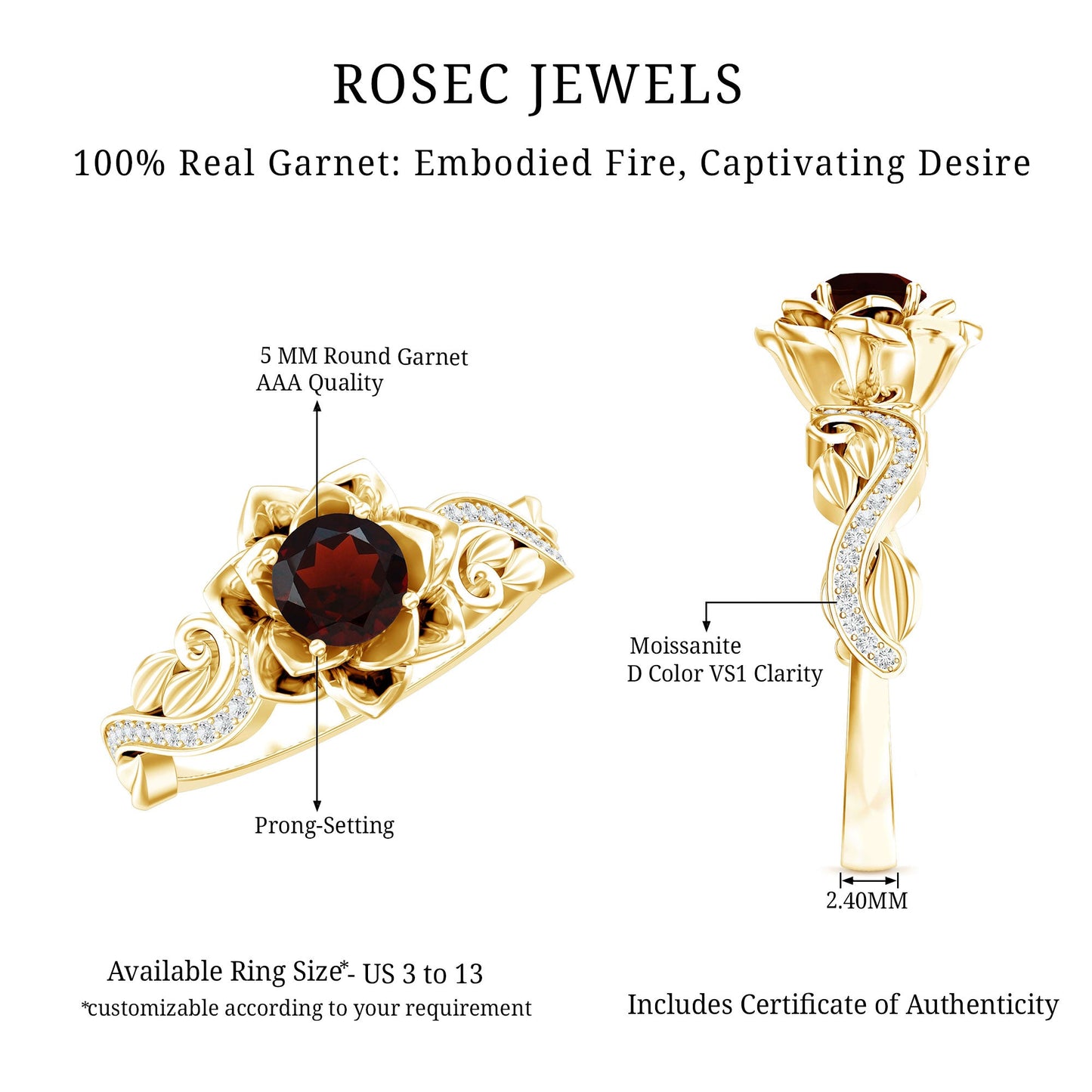Real Garnet Vintage Engagement Ring in 14K Yellow Gold Plated Silver