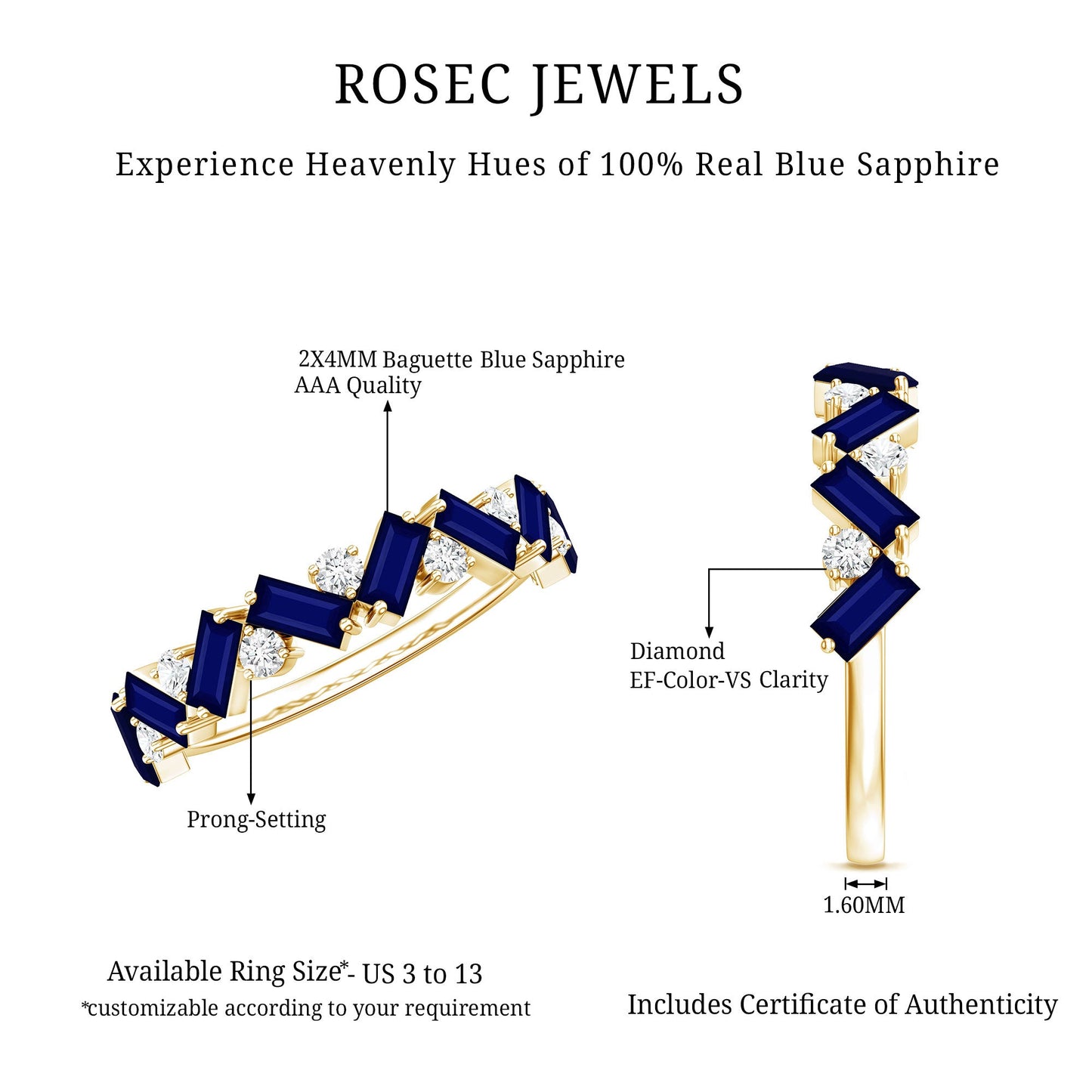 Certified Real Baguette Blue Sapphire Half Eternity Ring with Diamond