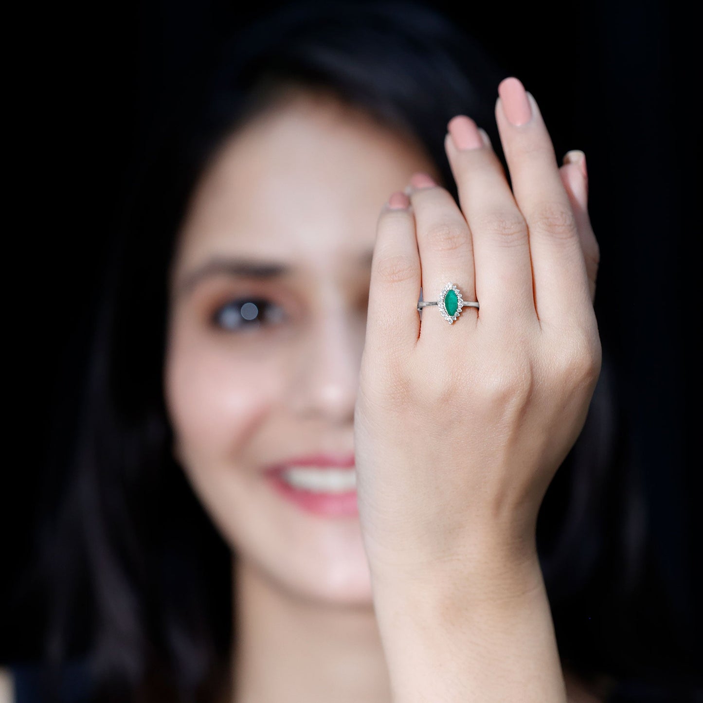 Elongated Marquise Cut Emerald Engagement Ring with Diamond Halo