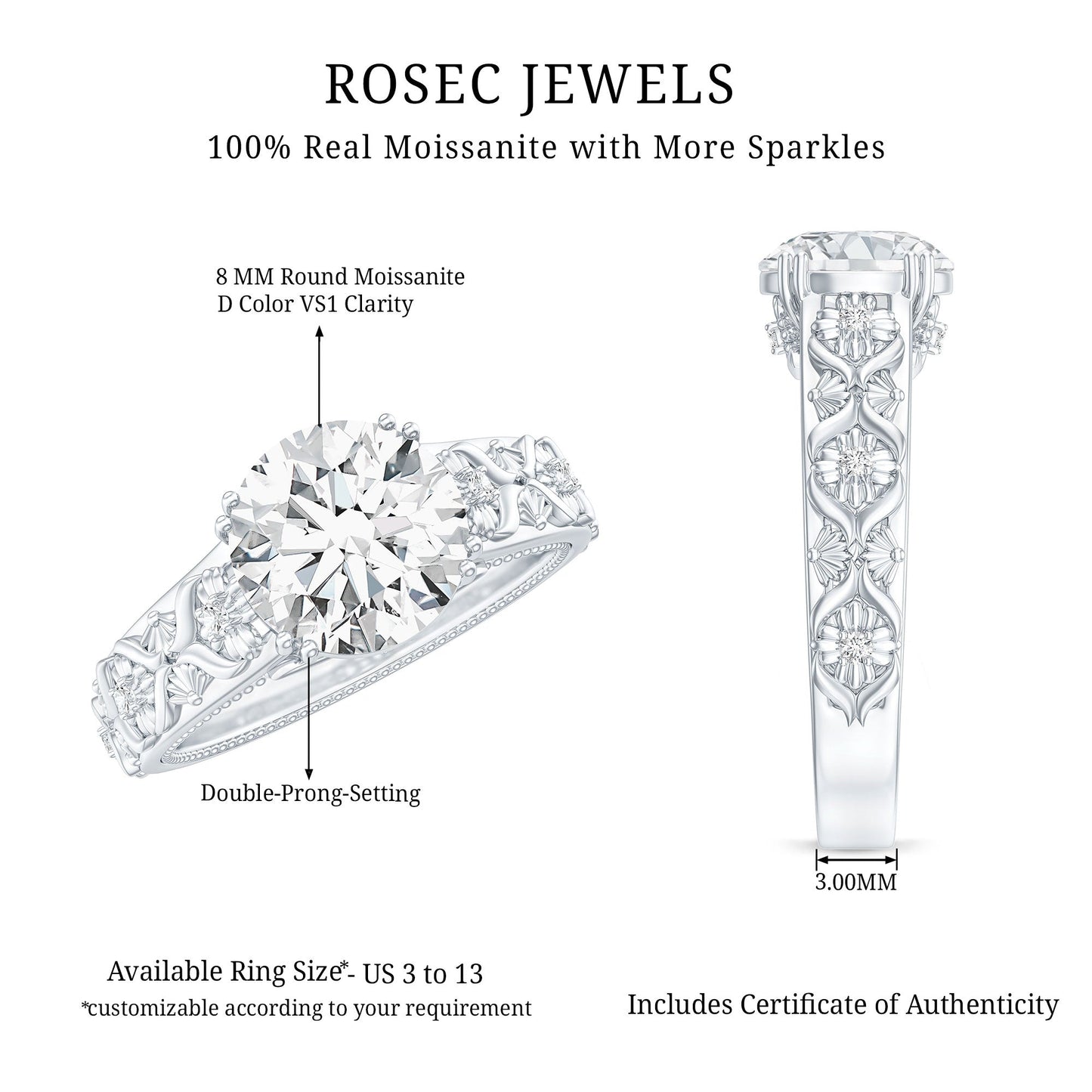 2 Carat Moissanite Double Prong Vintage Engagement Ring