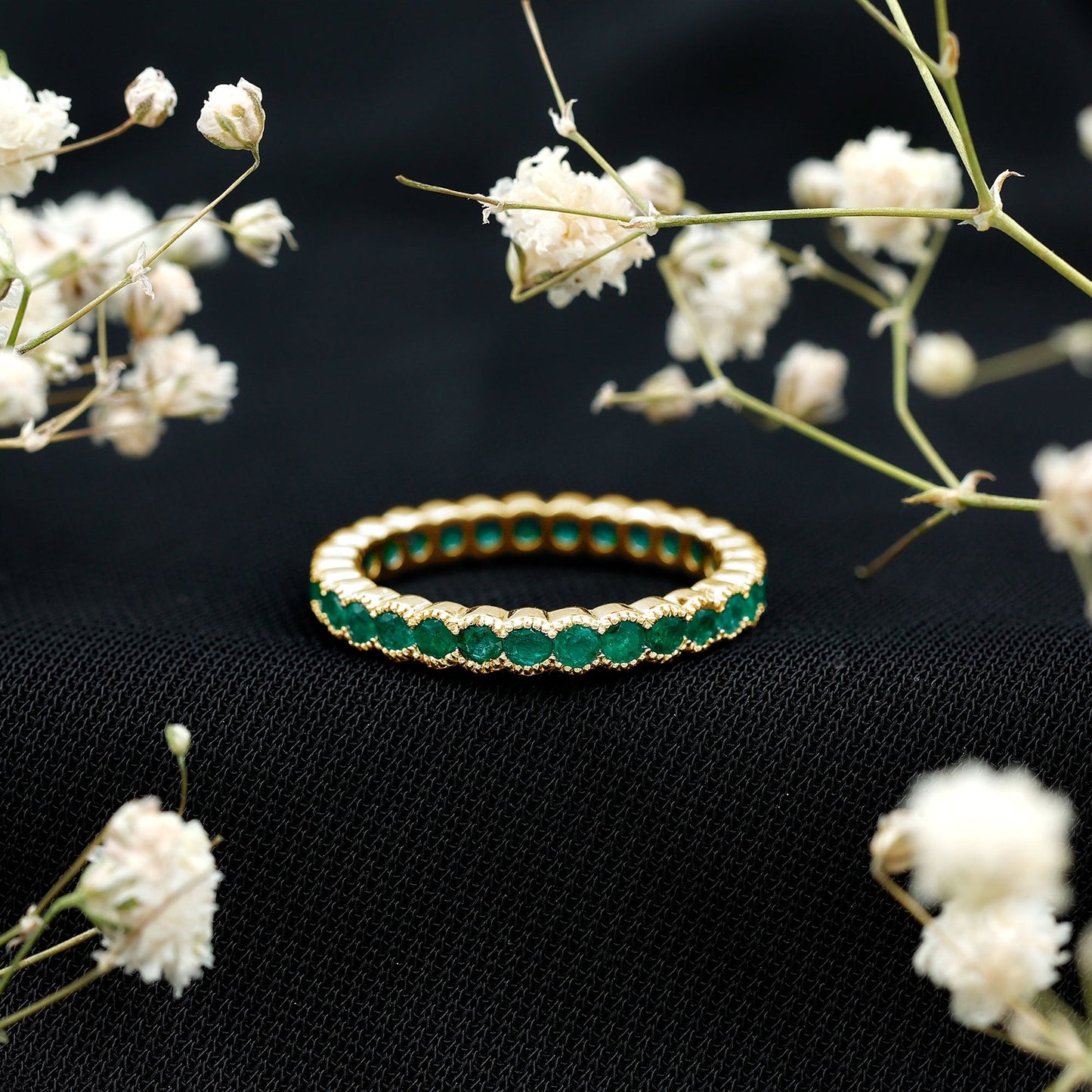 Beaded Bezel Set Emerald Full Eternity Stackable Ring