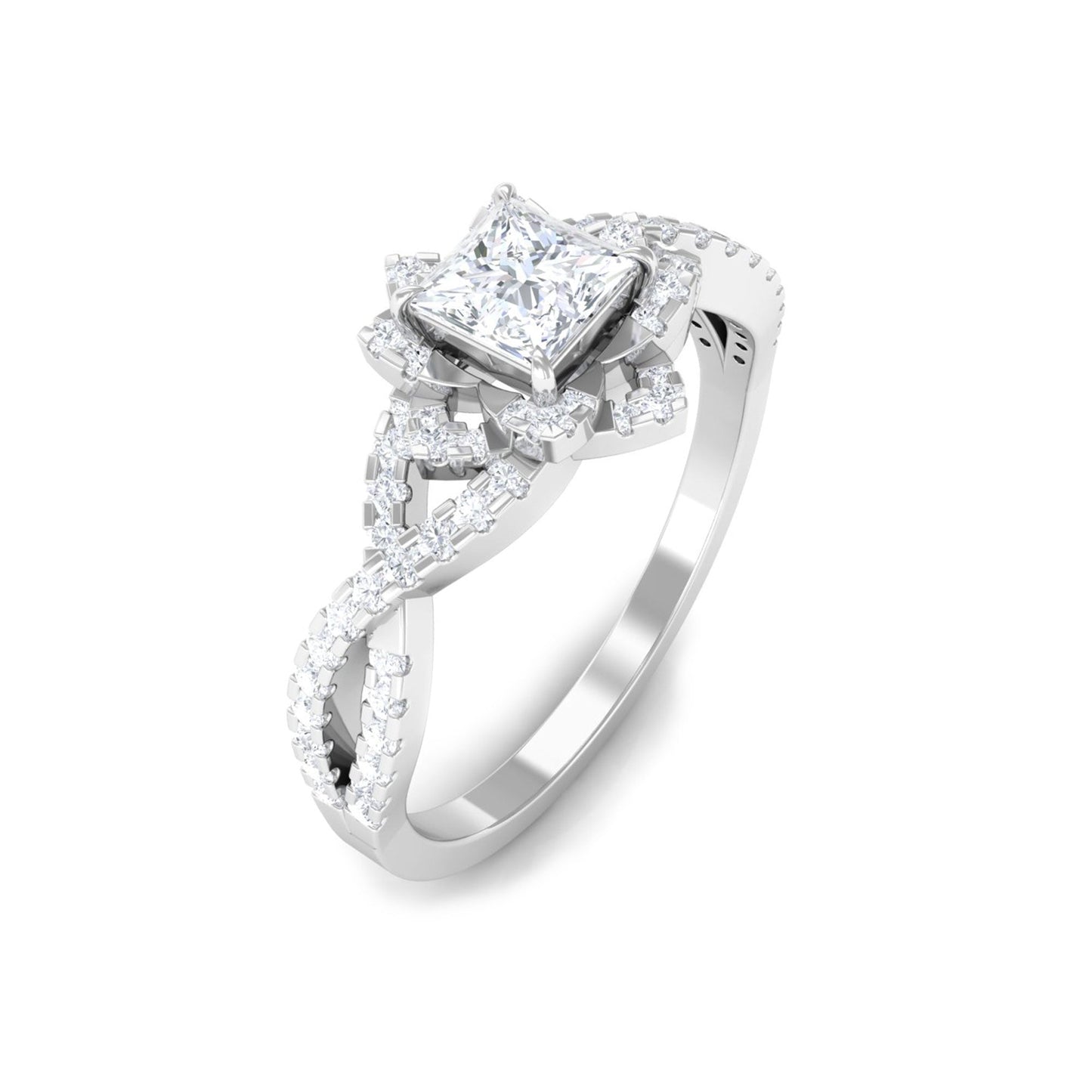 Natural Princess Cut Diamond Flower Engagement Ring with Crossover Shank