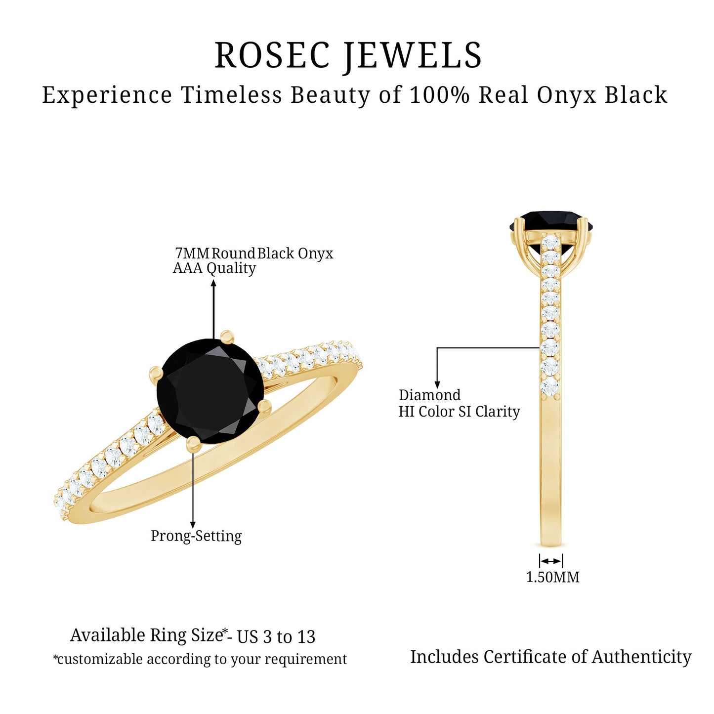 Round Black Onyx Engagement Ring with Diamond Side Stones