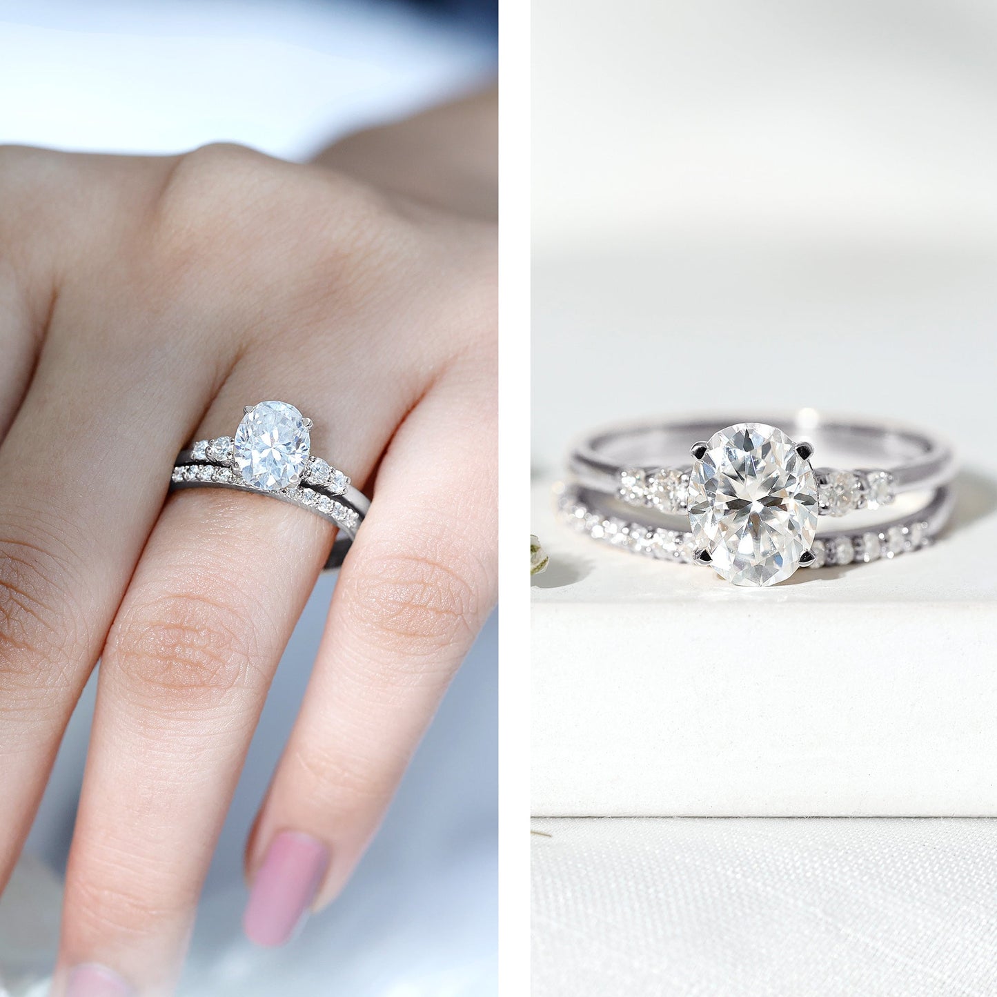 Certified Oval Cut Moissanite Engagement Ring with Wedding Band Set