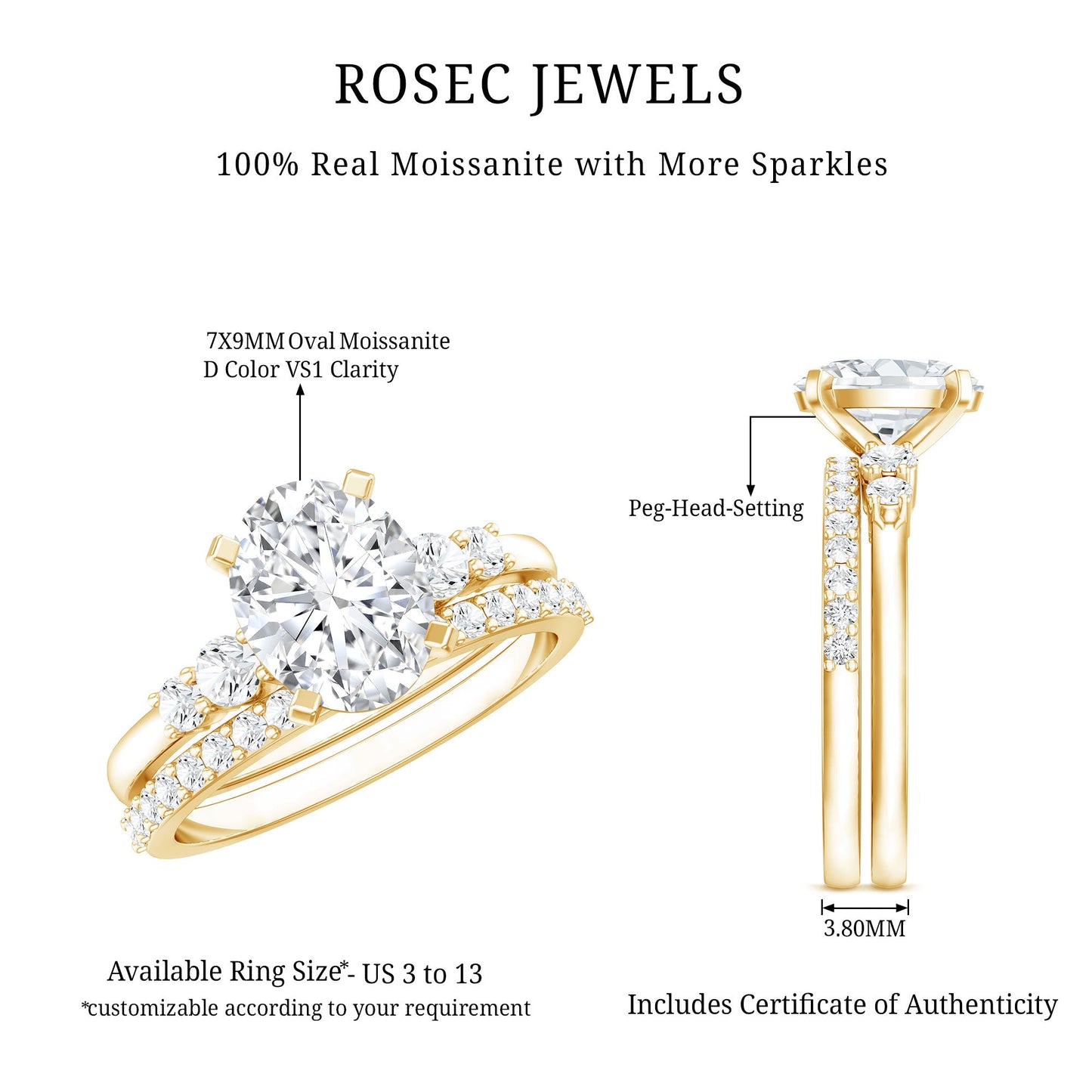 Certified Oval Cut Moissanite Engagement Ring with Wedding Band Set