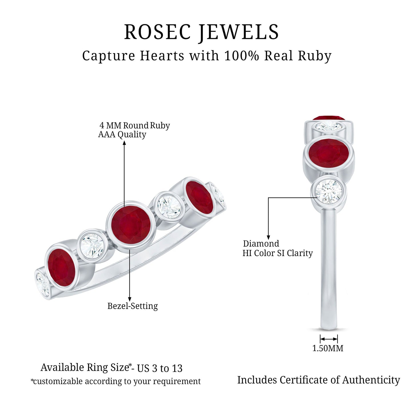 Natural Bezel Set Ruby Diamond Half Eternity Ring