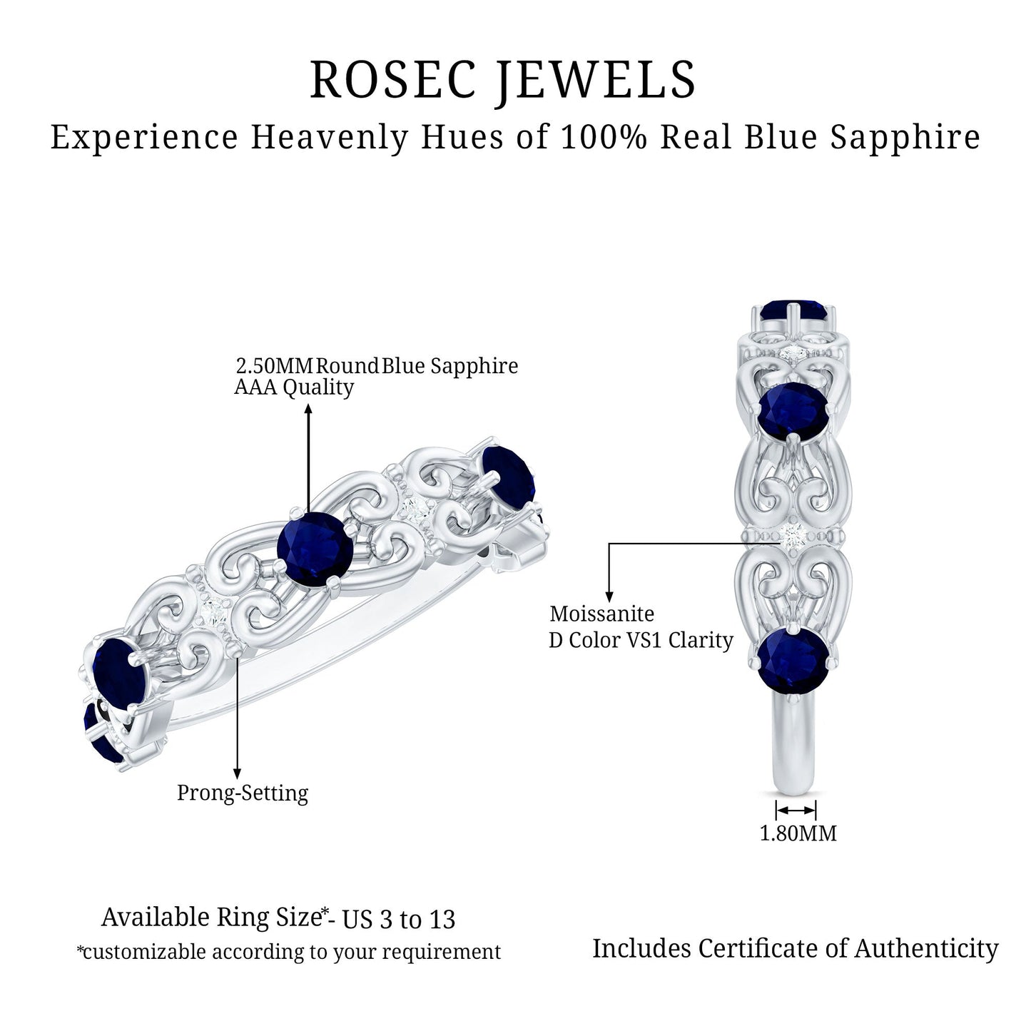 Blue Sapphire and Diamond Vintage Half Eternity Wedding Band