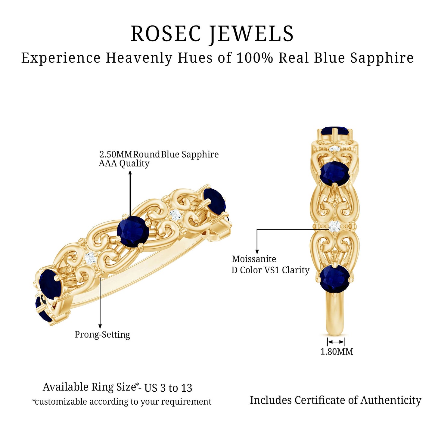 Blue Sapphire and Diamond Vintage Half Eternity Wedding Band