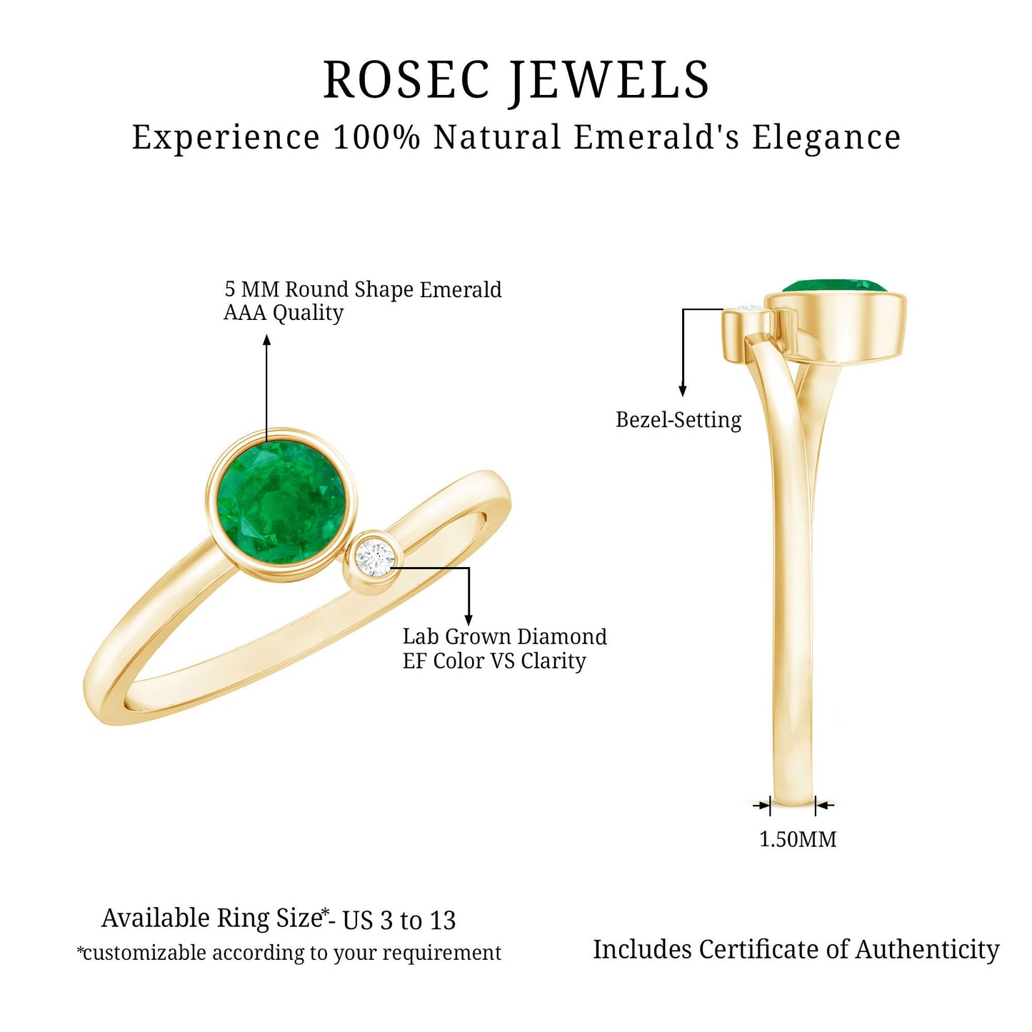 Bezel Set Emerald and Lab Diamond Two Stone Promise Ring
