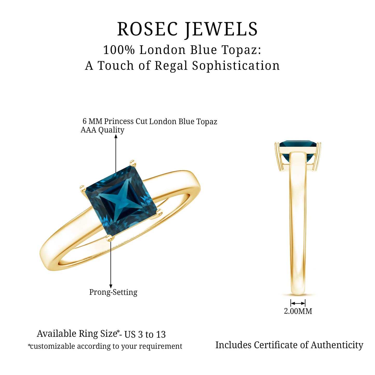 1 Carat Princess Cut London Blue Topaz Solitaire Ring