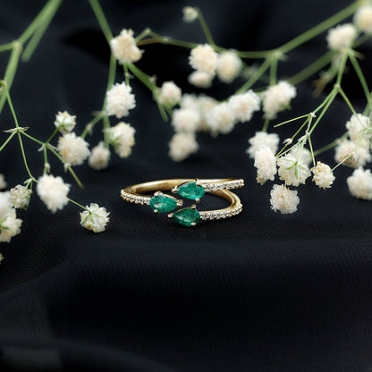 Pear Shaped Emerald and Diamond 3 Stone Statement Ring