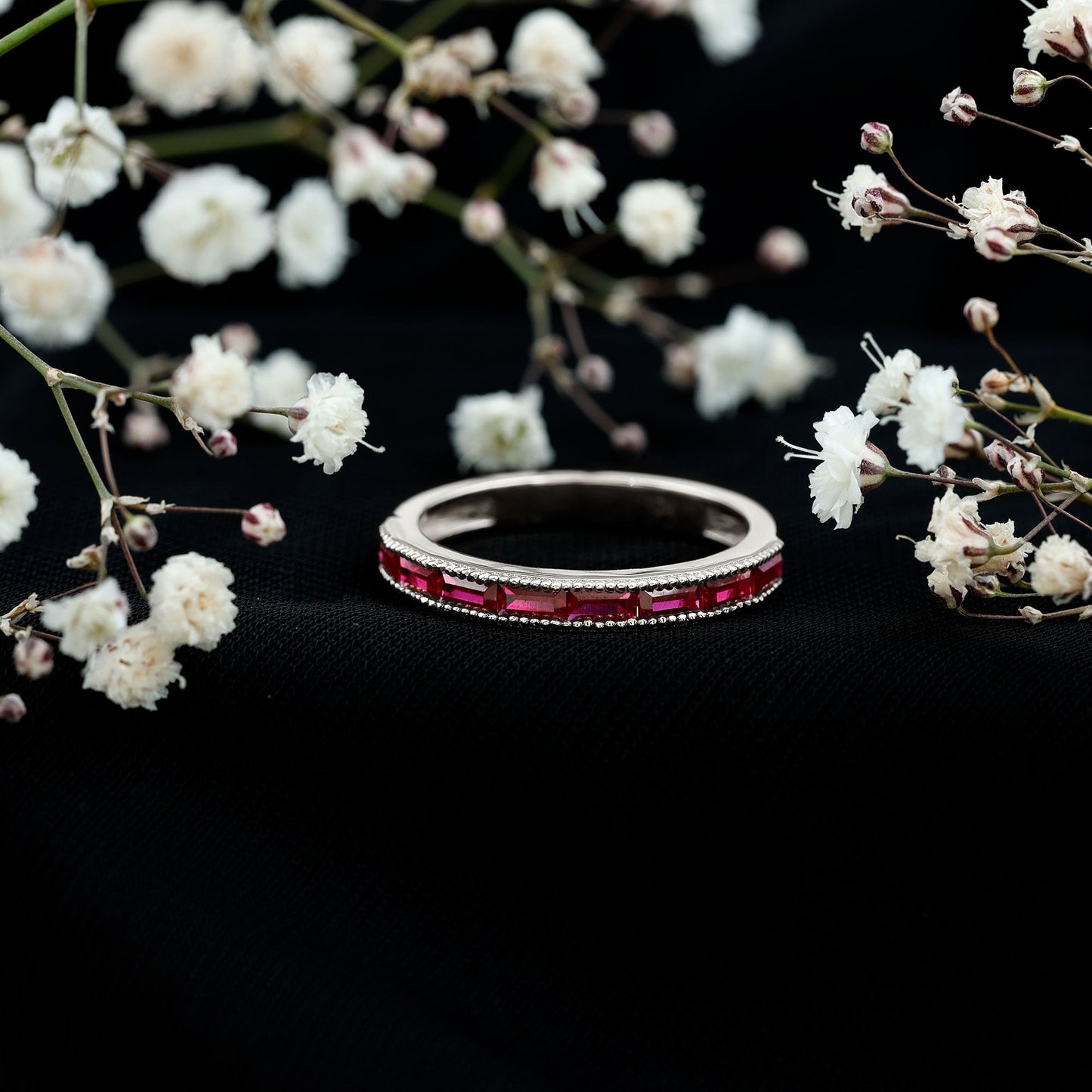Minimalist Baguette Cut Lab Created Ruby Eternity Ring in Channel Setting