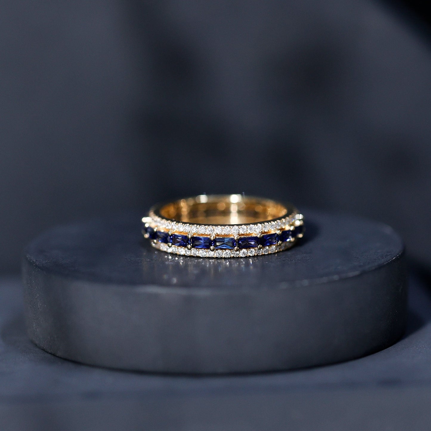 Lab Grown Blue Sapphire Eternity Wedding Band With Natural Diamond