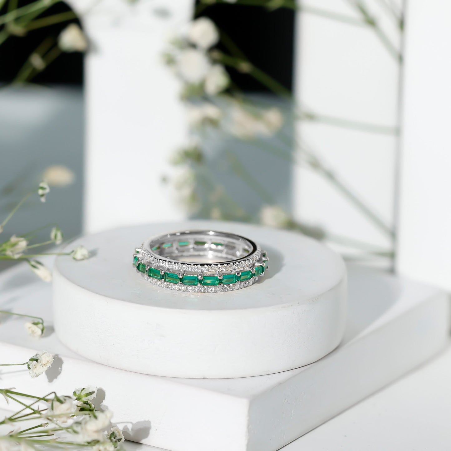 Baguette Cut Lab Grown Emerald and Moissanite Wedding Band