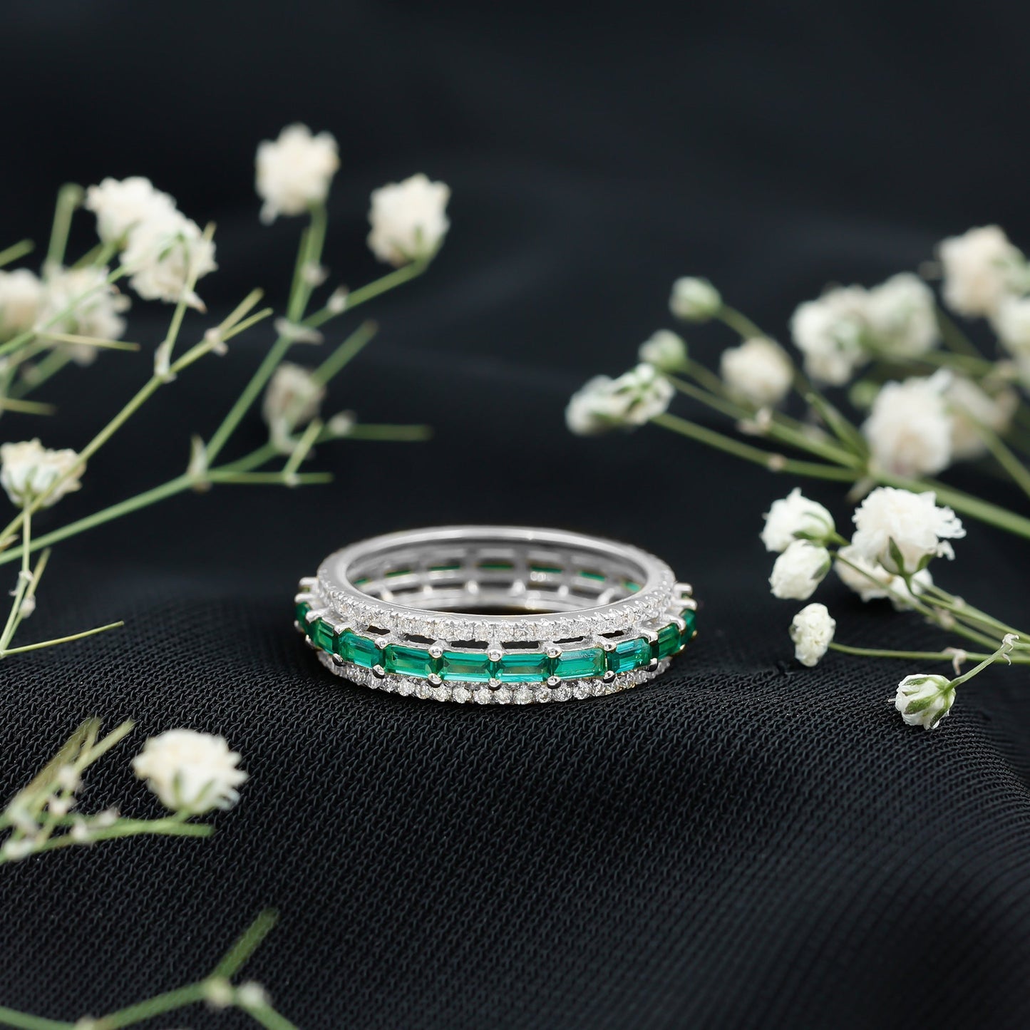 Baguette Cut Lab Grown Emerald and Moissanite Wedding Band