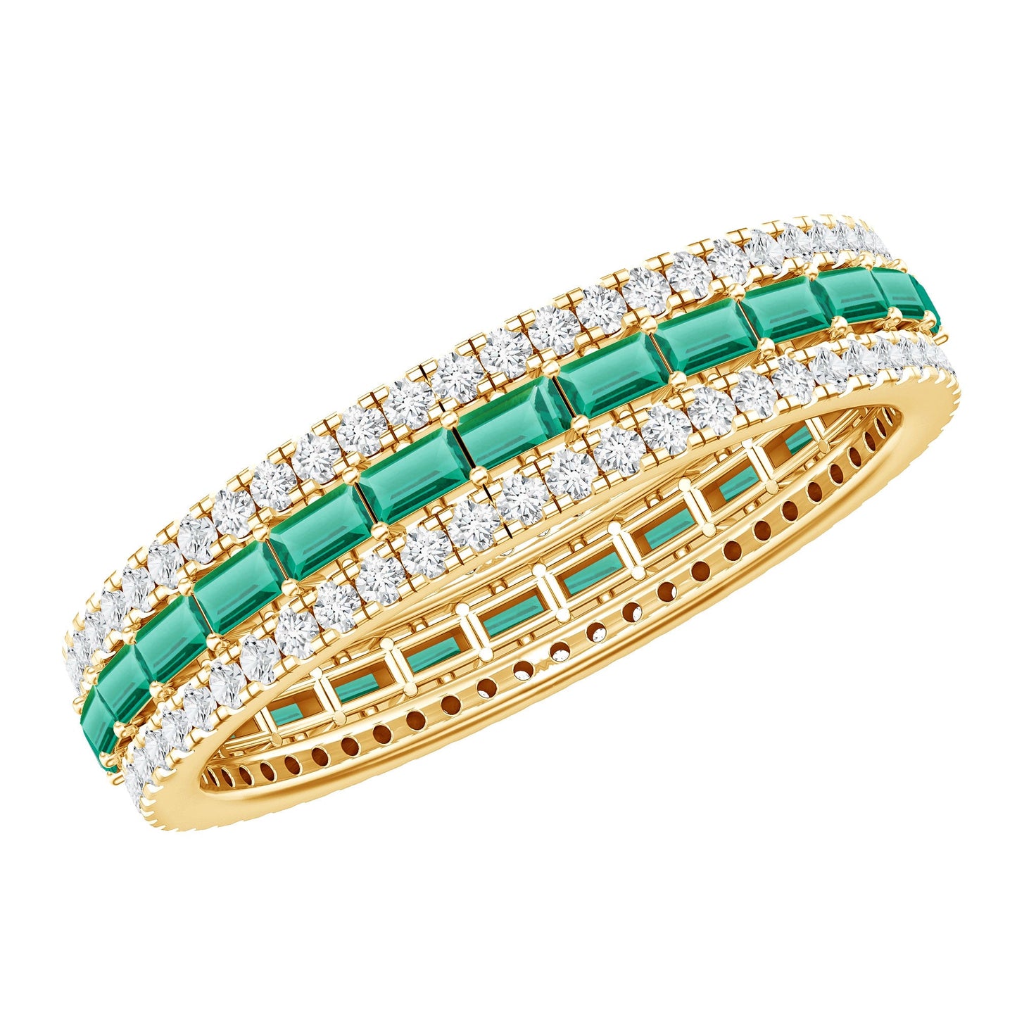 Baguette Cut Lab Grown Emerald and Moissanite Wedding Band