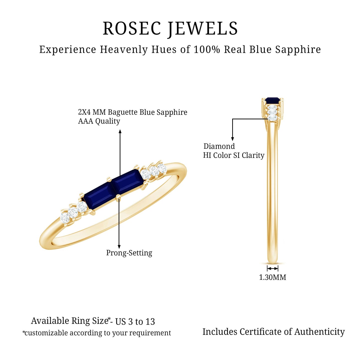 Natural Baguette Shape Blue Sapphire Promise Ring with Diamond
