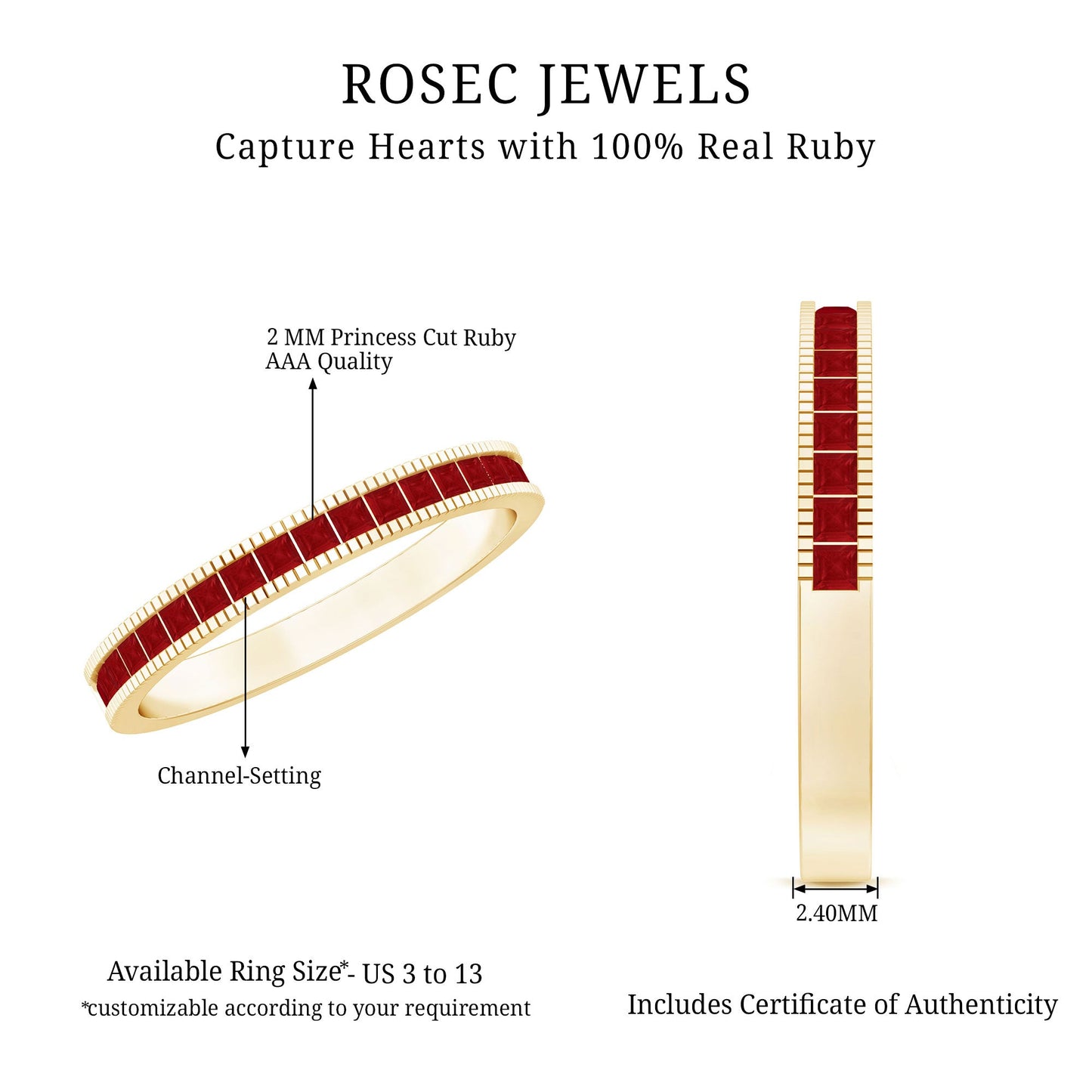 Natural Princess Cut Ruby Half Eternity Ring in Channel Set