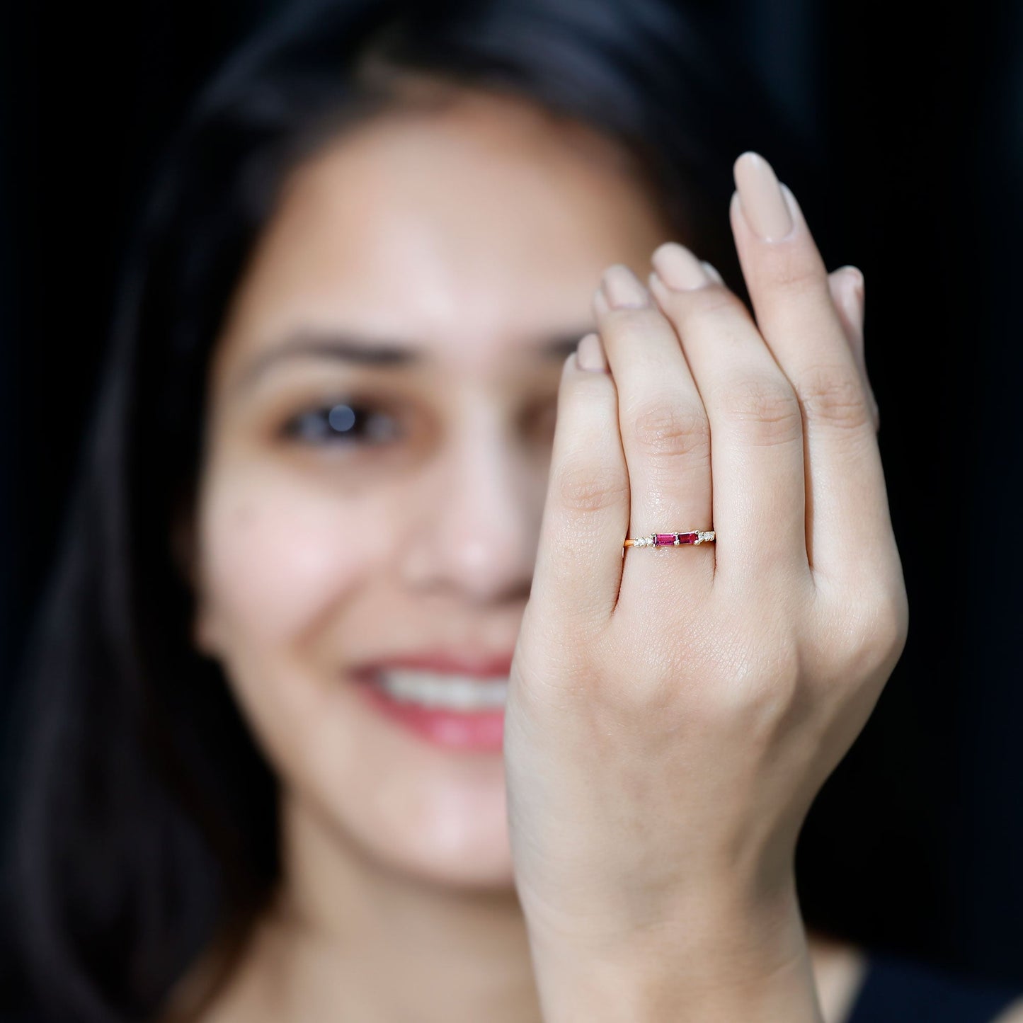 Natural Baguette Ruby 2 Stone Promise Ring with Diamond