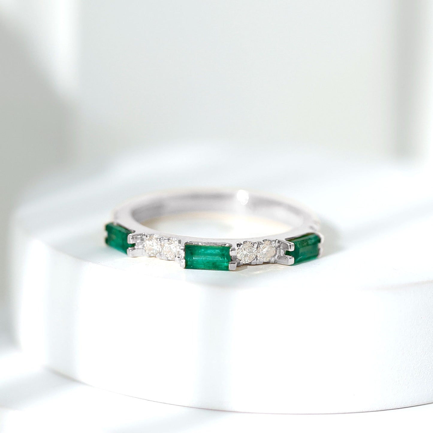 Stackable Green Emerald and Diamond Ring in Prong Setting