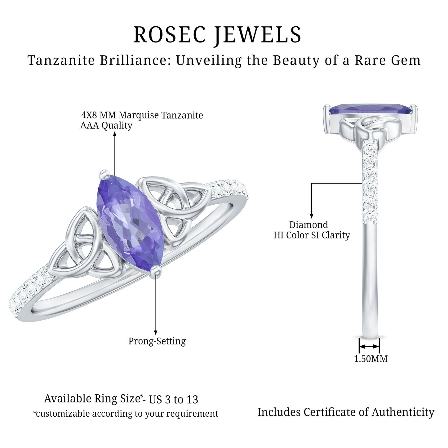 Real Marquise Tanzanite Diamond Engagement Ring with Celtic Knot