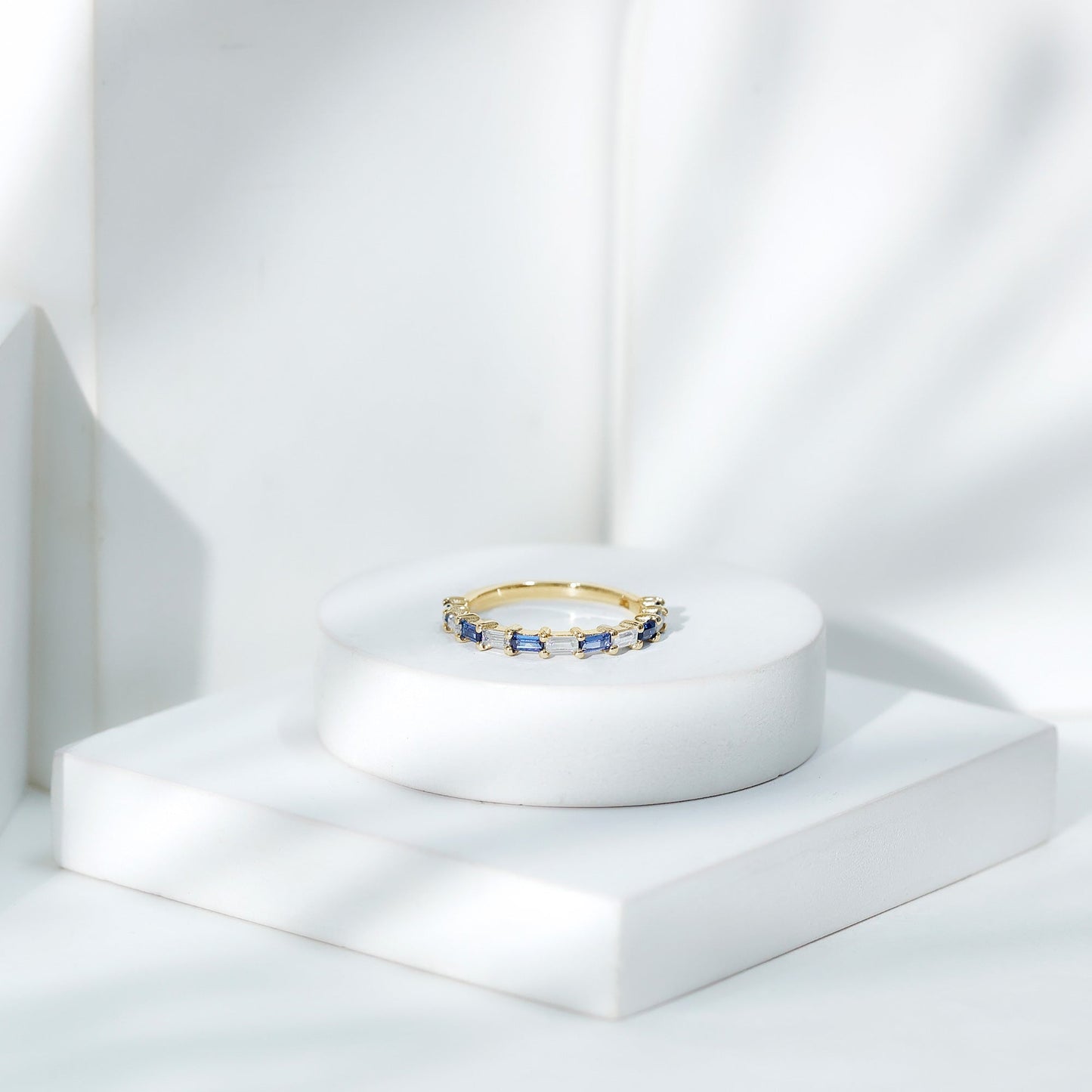 Lab Grown Blue Sapphire Baguette Eternity Ring with Moissanite