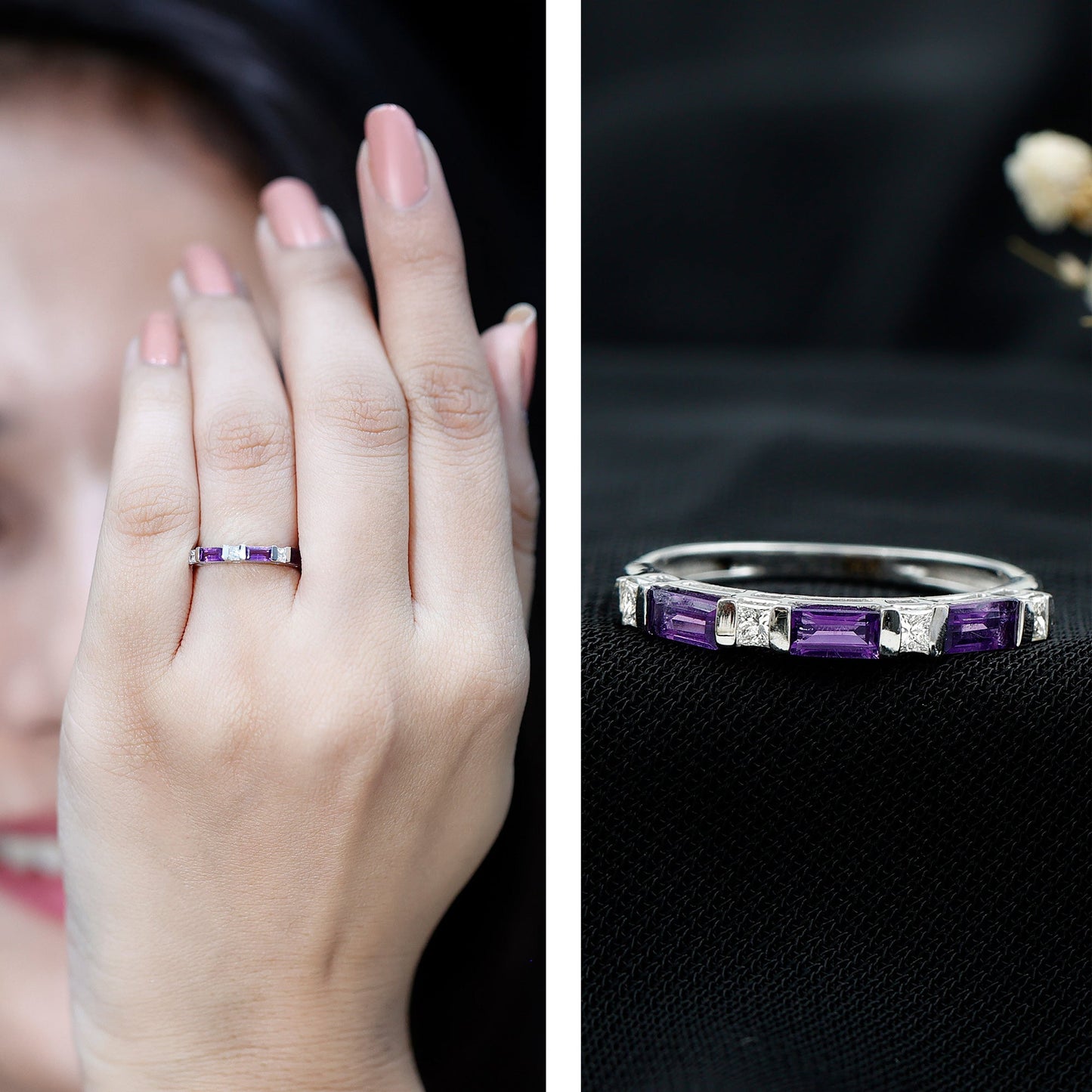 Natural Baguette Amethyst Promise Ring with Diamond for Women