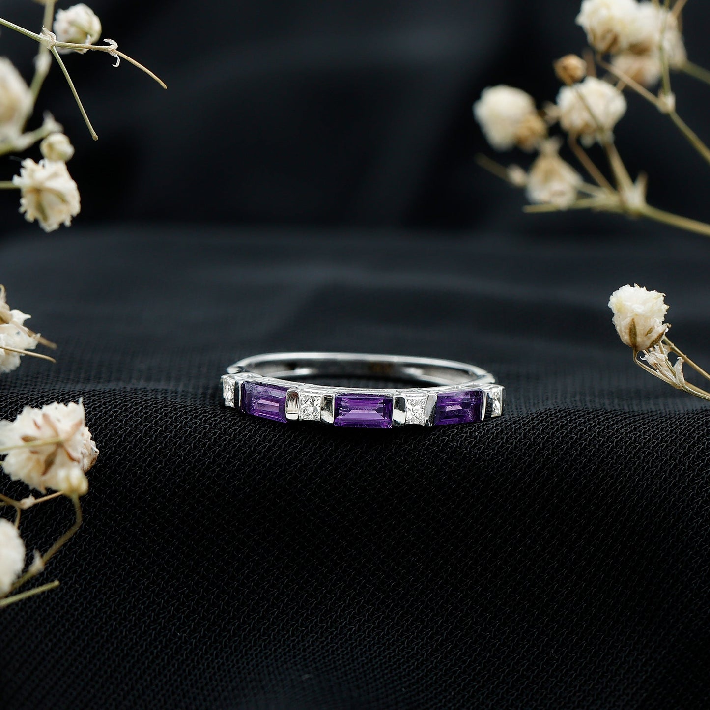 Natural Baguette Amethyst Promise Ring with Diamond for Women