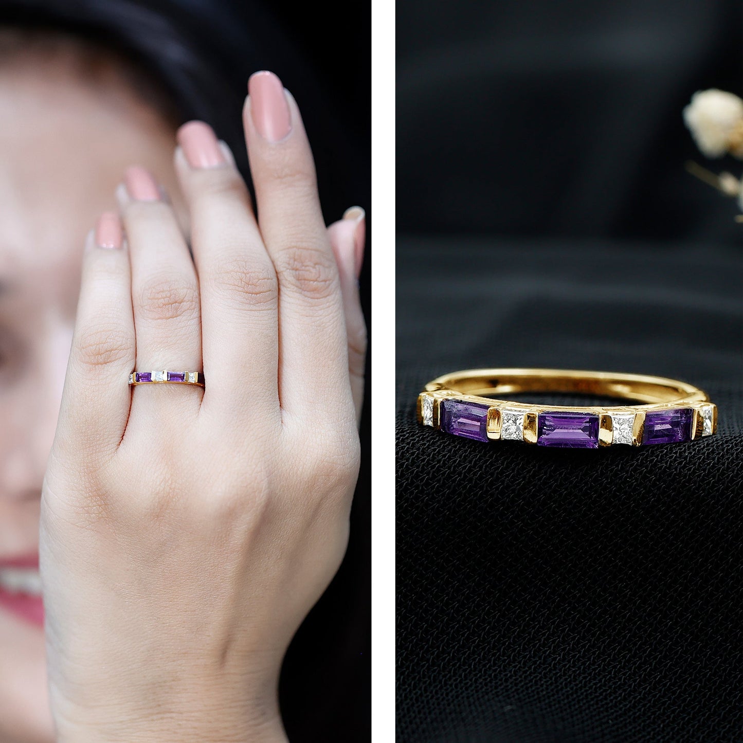 Natural Baguette Amethyst Promise Ring with Diamond for Women