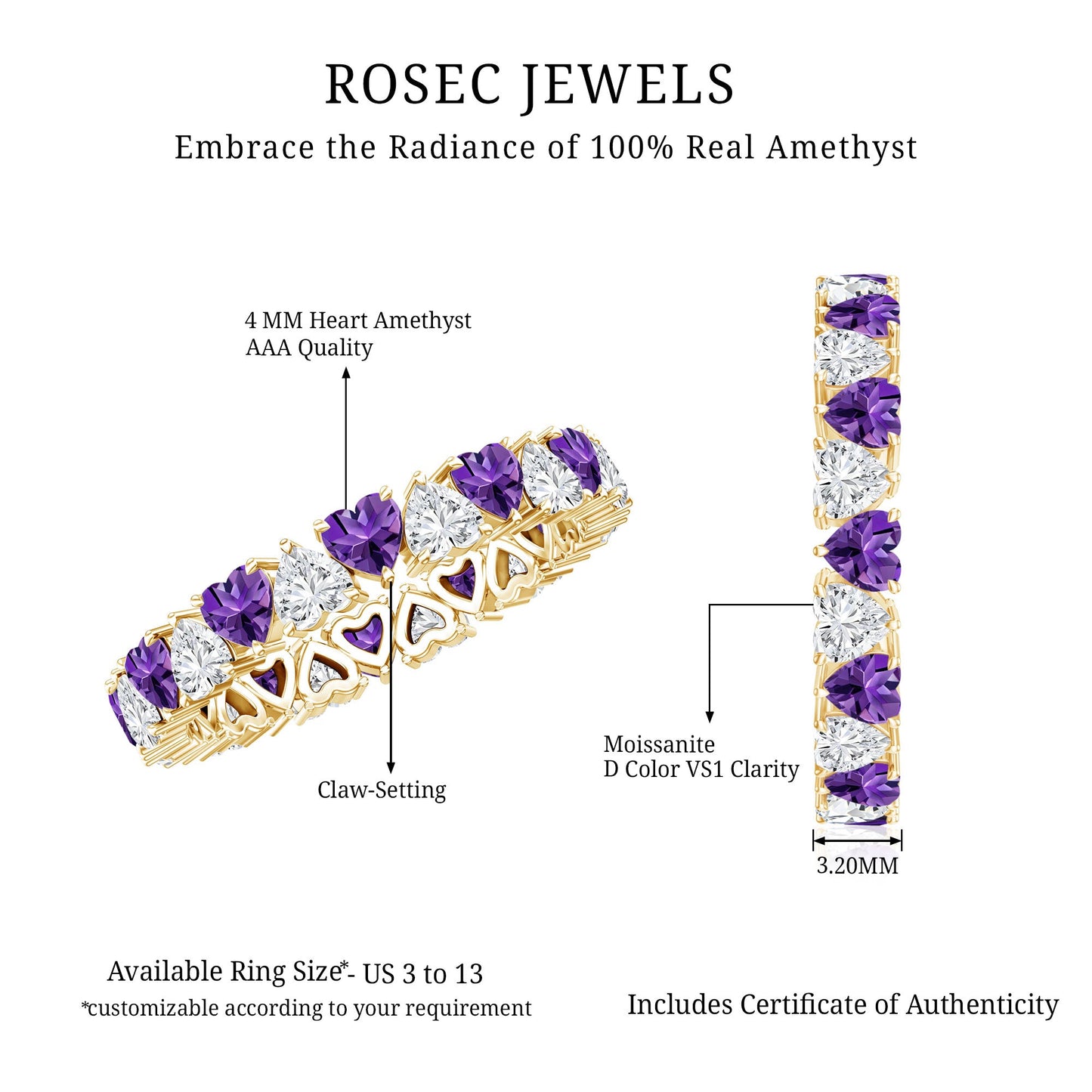 Certified Natural Amethyst Heart Eternity Ring with Moissanite