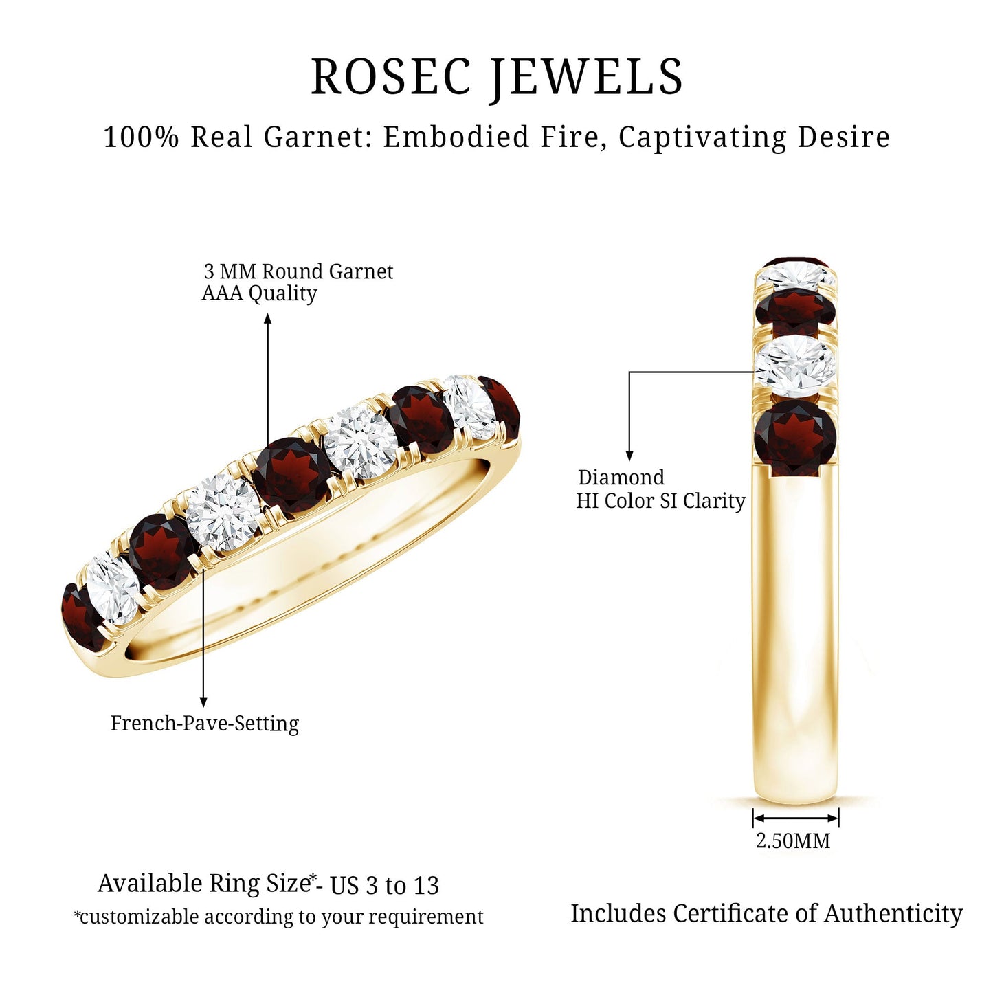 Genuine Garnet Diamond Half Eternity Wedding Ring