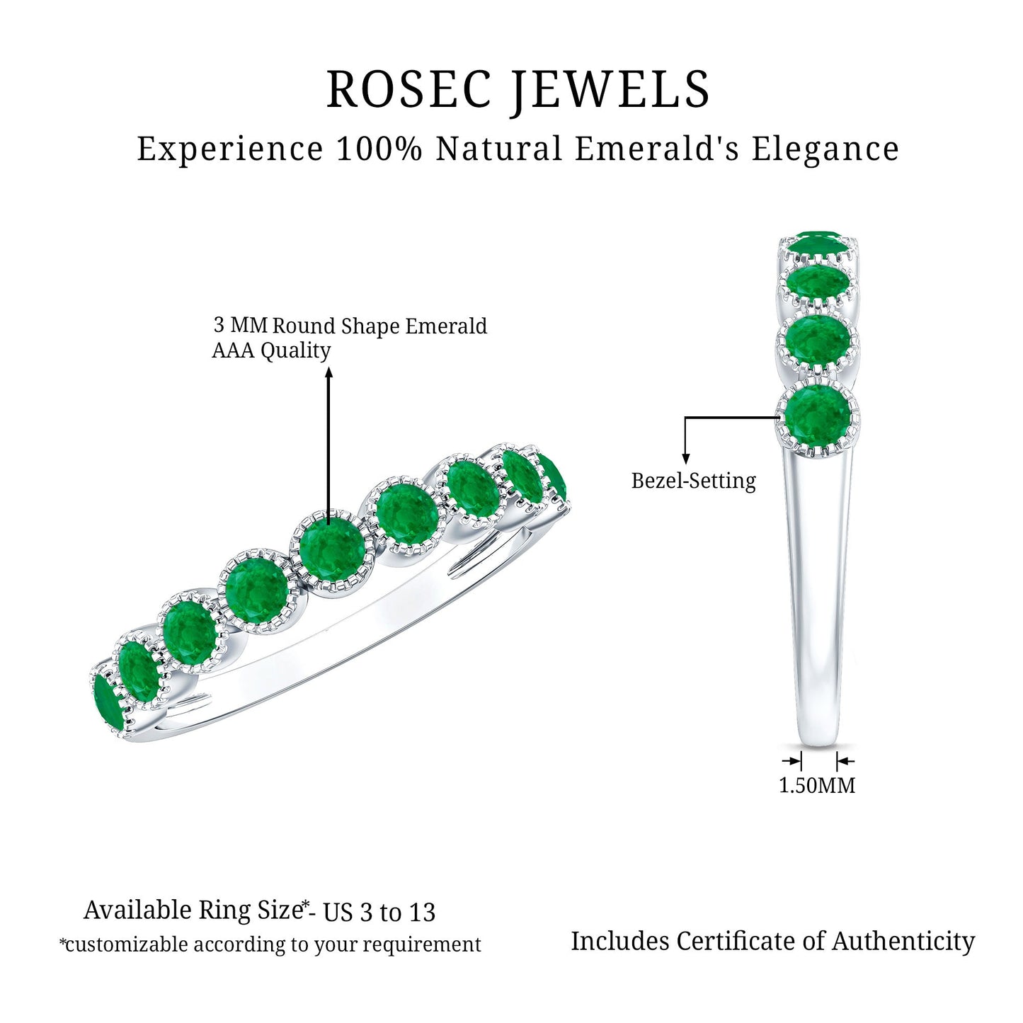 Milgrain Bezel Set Round Emerald Eternity Wedding Band
