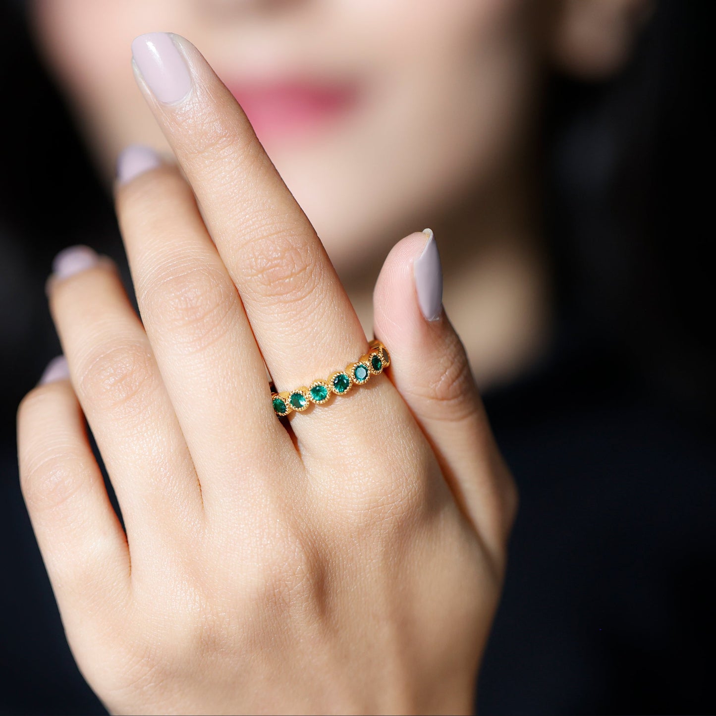 Certified Lab Created Emerald Full Eternity Band Ring in Bezel Setting