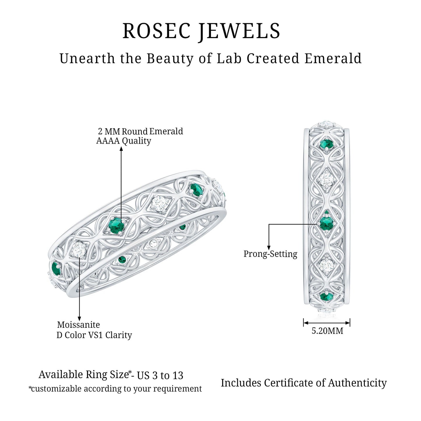 Lab Emerald and Diamond Vintage Wedding Band Ring