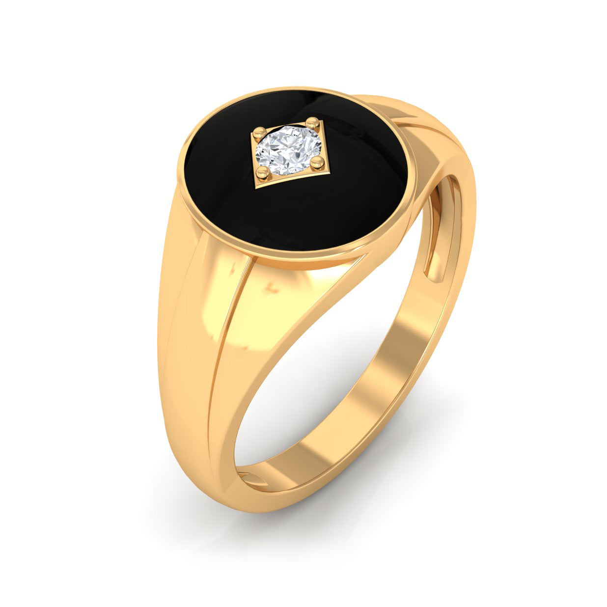 Natural Diamond Mens Signet Engagement Ring with Black Enamel