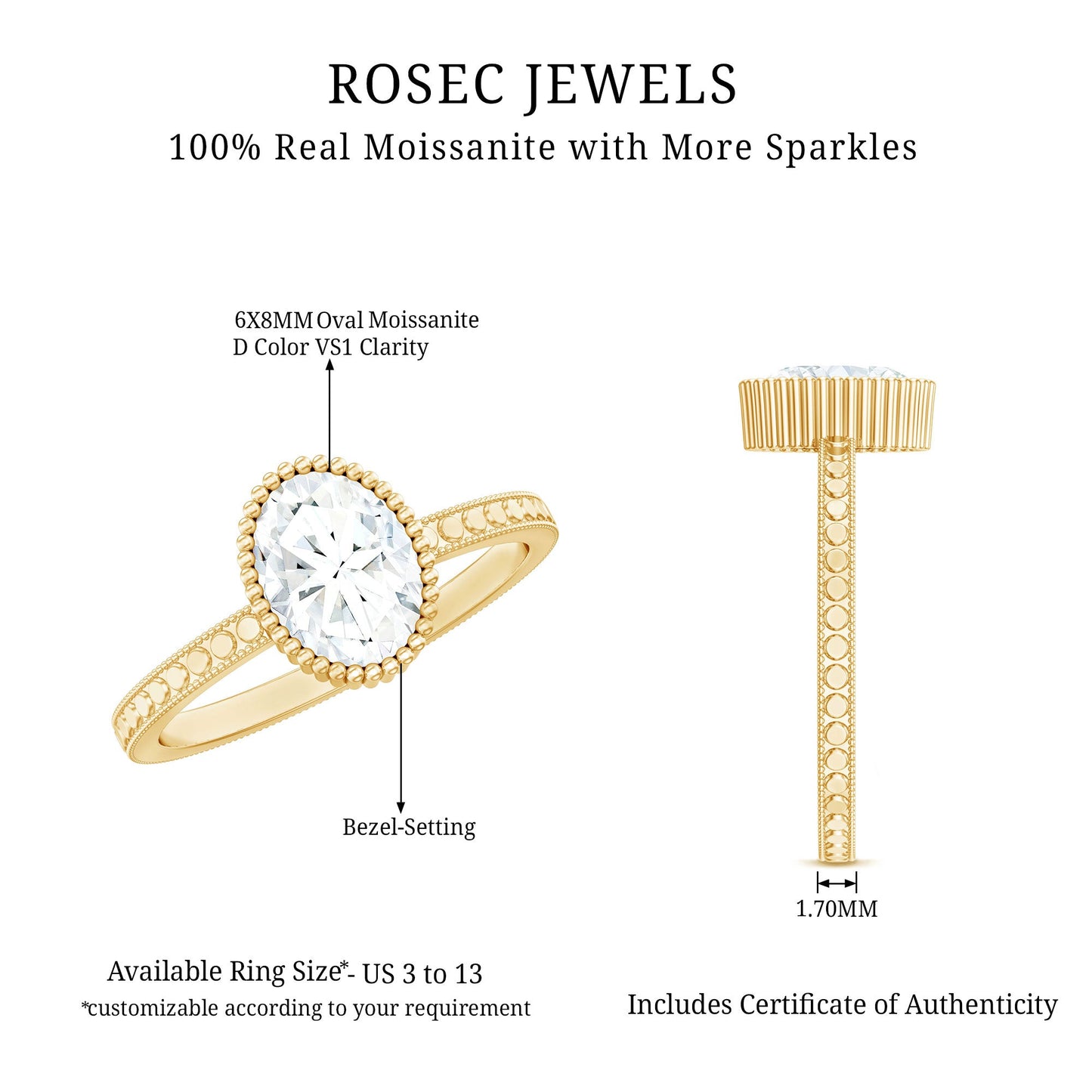 Solitaire Moissanite Oval Engagement Ring with Beaded Detailing