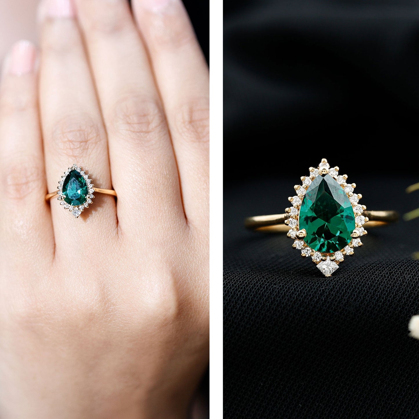 Certified 2 Carat Lab Grown Emerald Teardrop Engagement Ring with Diamond Halo