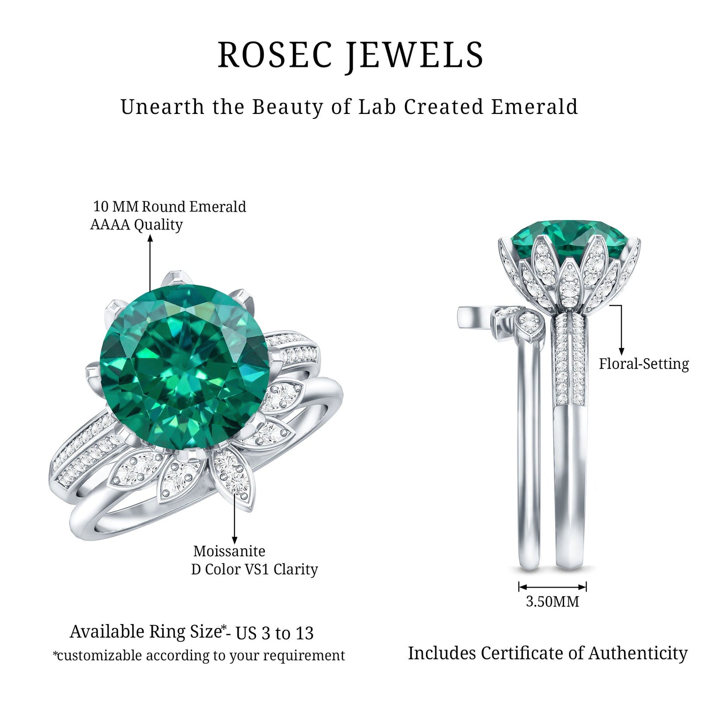 Floral Inspired Lab Grown Emerald Bridal Engagement Ring With Moissanite Enhancer