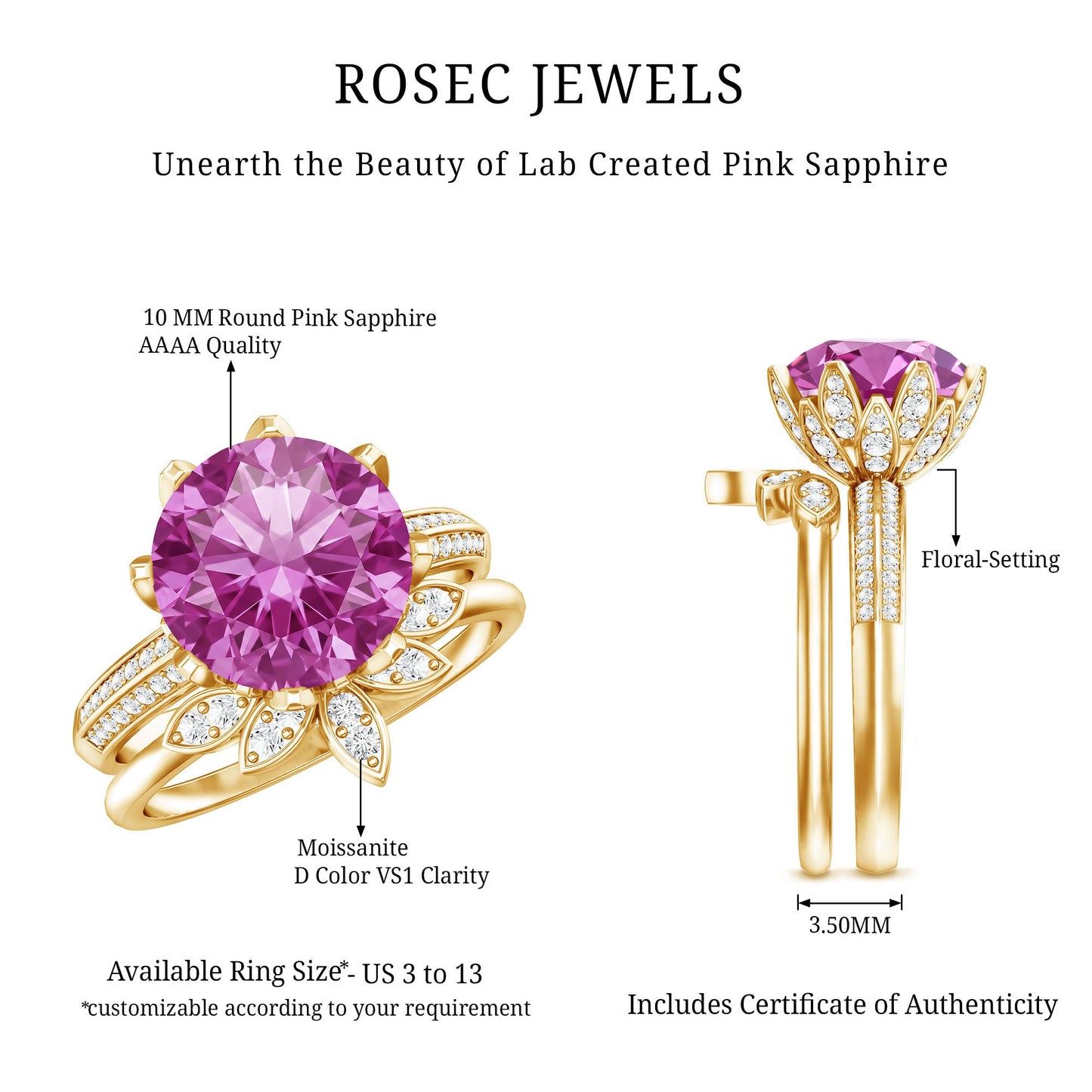 Floral Inspired Lab Grown Pink Sapphire Bridal Wedding Ring Set With Moissanite