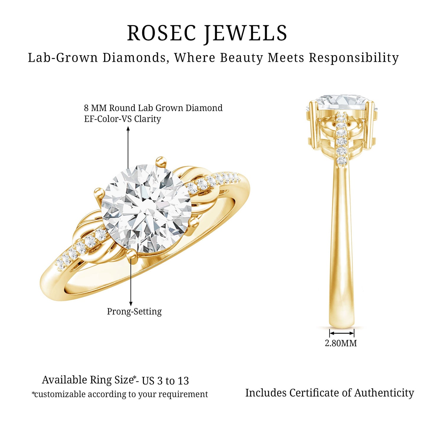 Certified 2 Carat Round Lab Grown Diamond Unique Engagement Ring