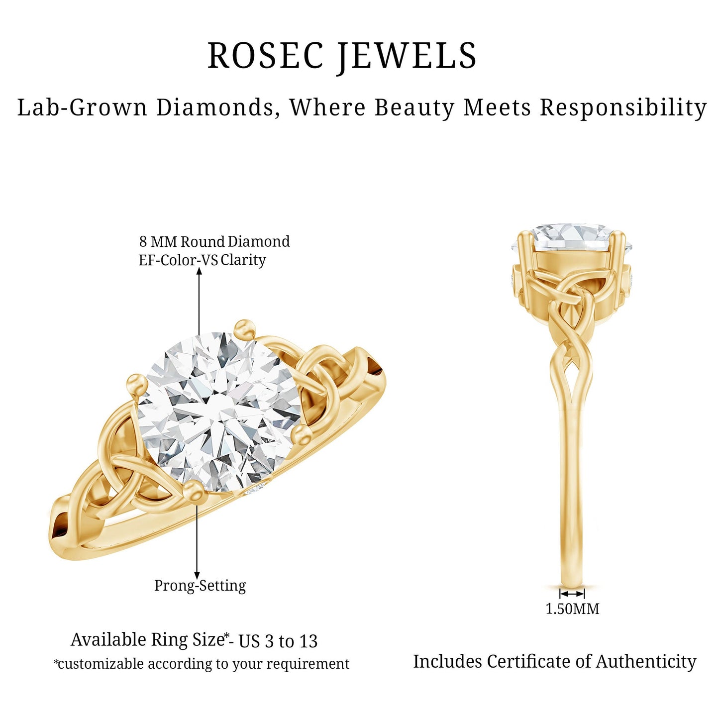 Certified 2 Carat Round Lab Grown Diamond Celtic Engagement Ring