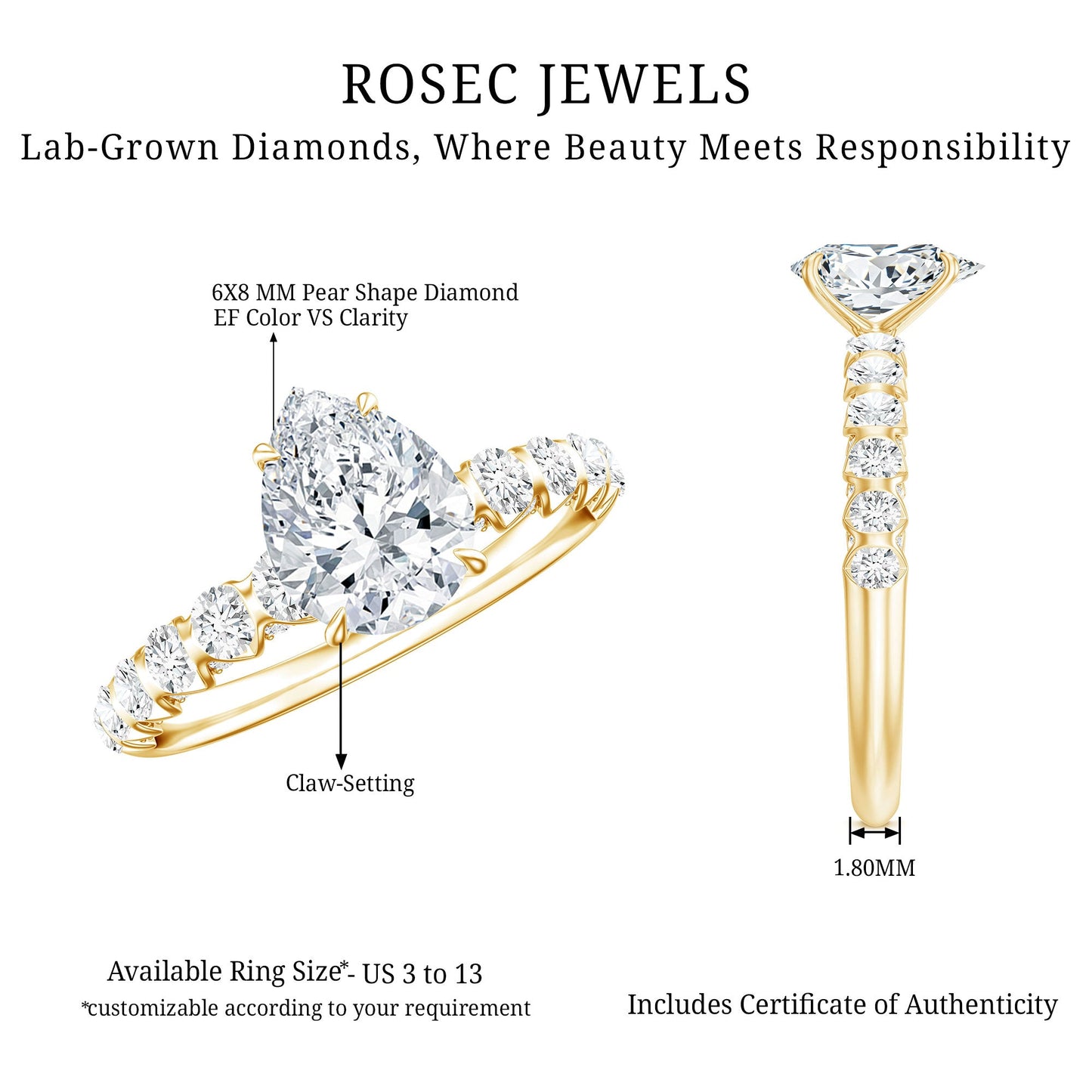 1.3 Carat Pear Cut Lab Grown Diamond Engagement Ring for Women