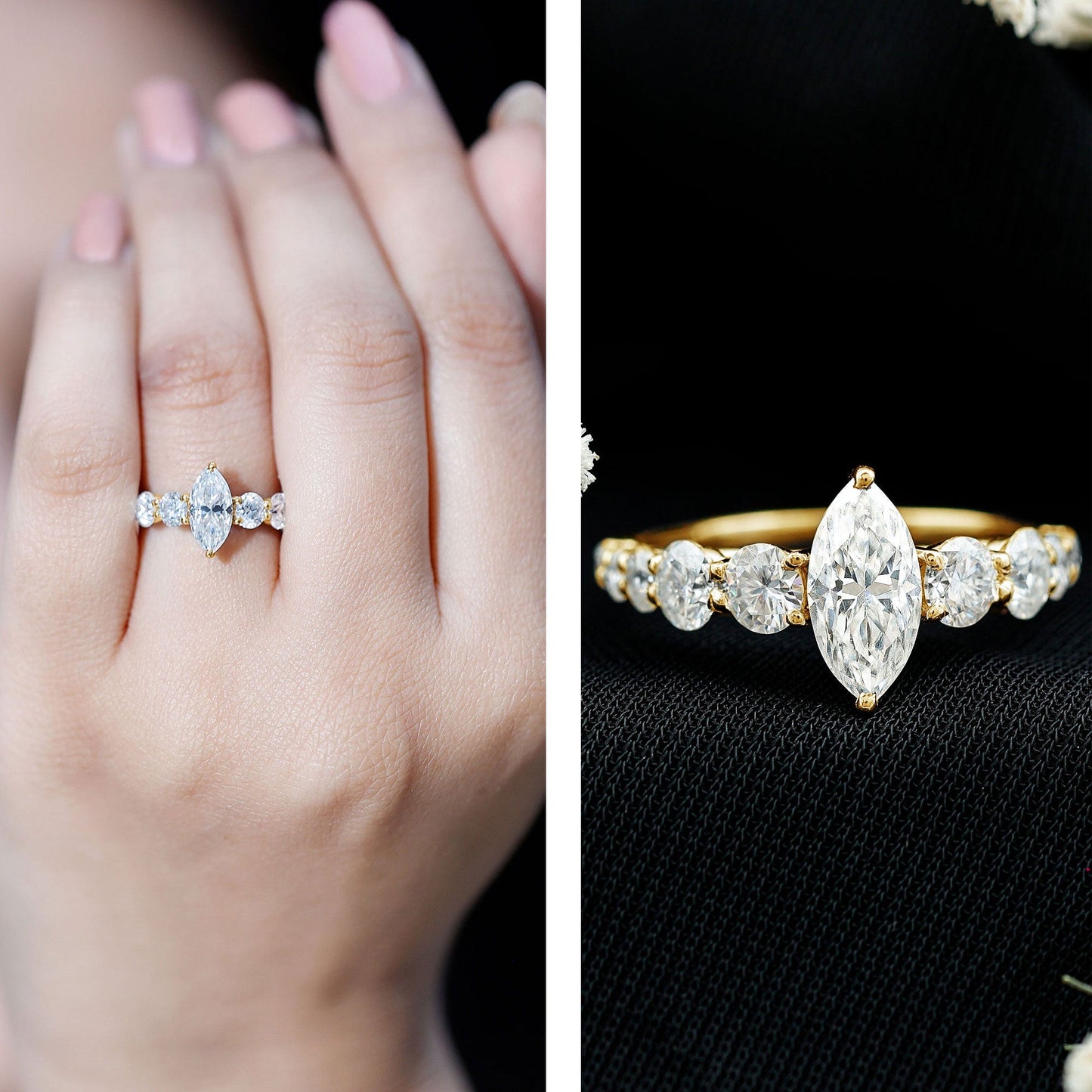 Lab Created Diamond Marquise Engagement Ring With Side Stones