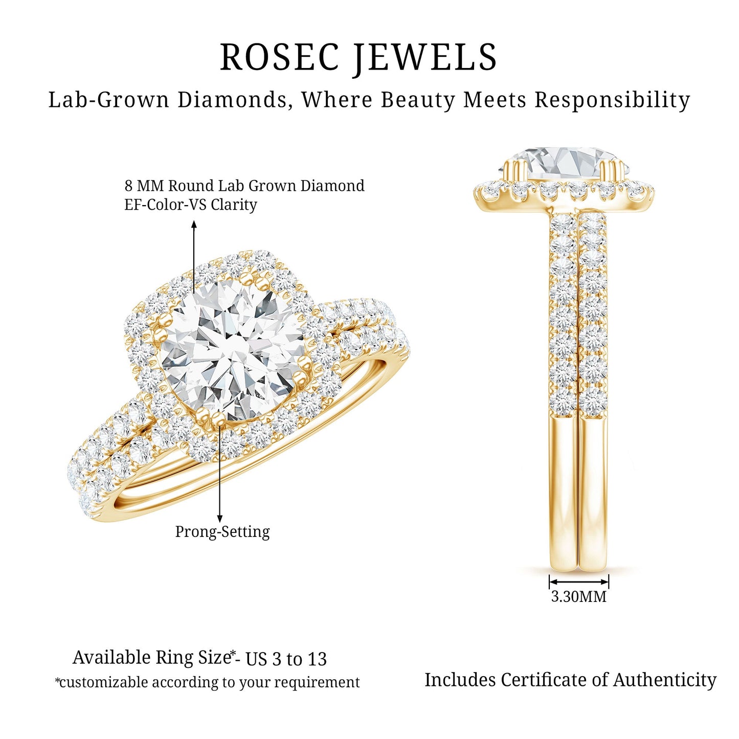 Lab Grown 2 Carat Diamond Halo Engagement Ring with Wedding Band