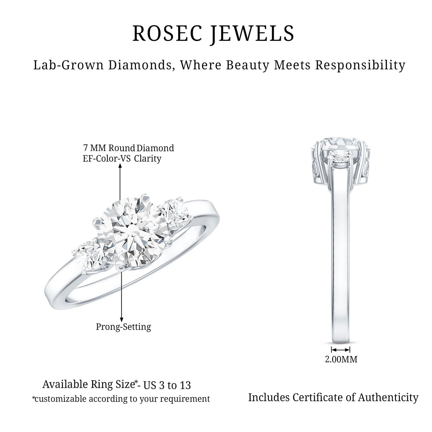 1.2 Carat Lab Grown Diamond 3 Stone Engagement Ring for Women