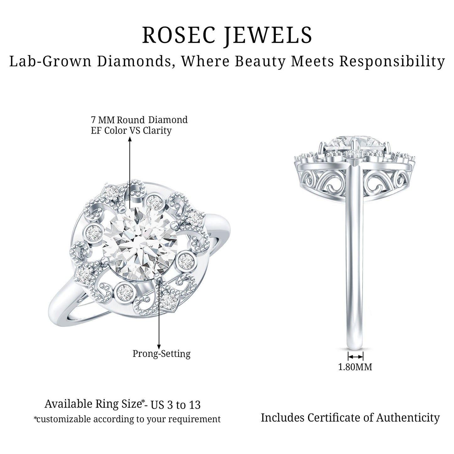 Certified Lab Grown Diamond Beaded Engagement Ring for Women