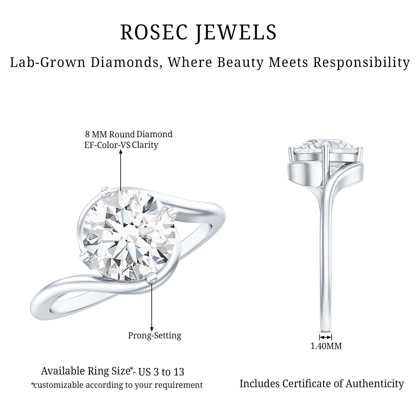 Lab Grown 2 Carat Diamond Bypass Engagement Ring With Diagonal 4 Prong
