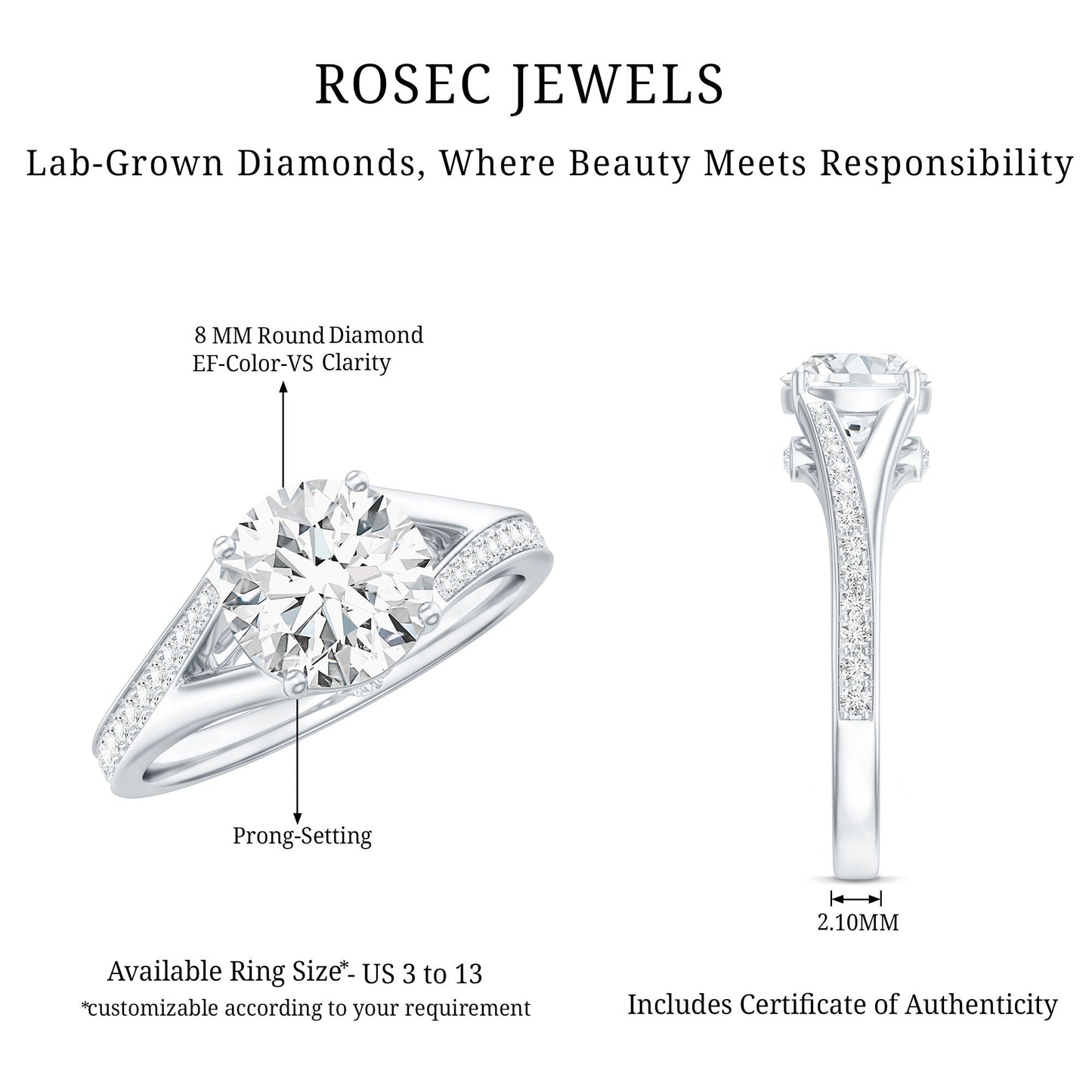 2 Carat Lab Grown Diamond Solitaire Engagement Ring with Split Shank